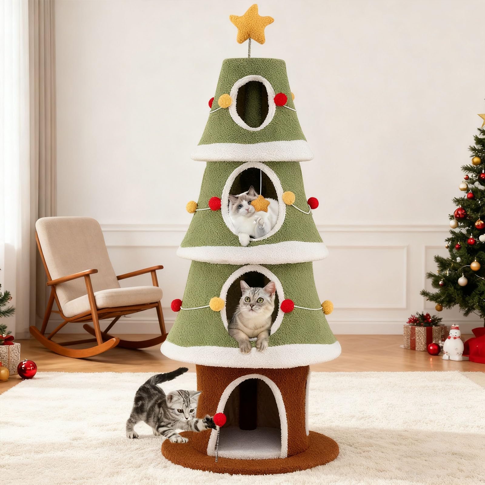 GYMAX 154 cm Árbol de Navidad para Gatos, Torre Multinivel para Gatitos con 4 Condominios, Alfombra Rascadora de Sisal, Juguete Colgante y de Resorte, Mueble de Escalada para Gatos (Estilo 5)