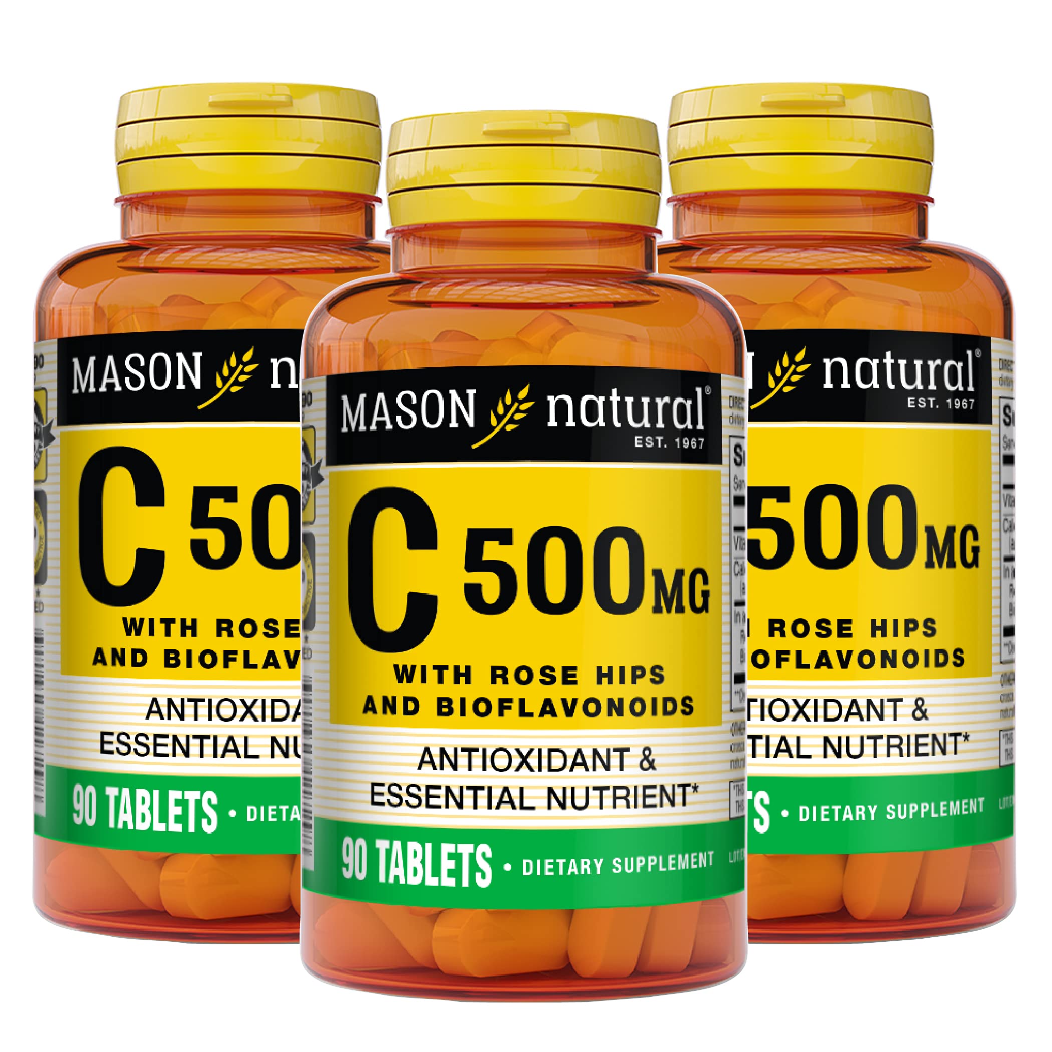 MASON NATURALVitamin C 500 mg with Rose HIPS and Bioflavonoids - Supports a Healthy Immune System, Antioxidant and Essential Nutrient, 90 Tablets (Pack of 3)