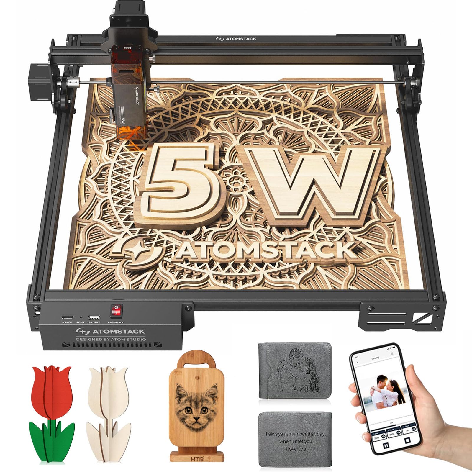 ATOMSTACK A5 V2 Laser Graviermaschine 5.5W, Quad Laserschneider, DIY Hohe Präzision Lasergravierer für Holz, Metall, Acryl, Unterstützt APP-Steuerung 410x380mm Gravurbereich