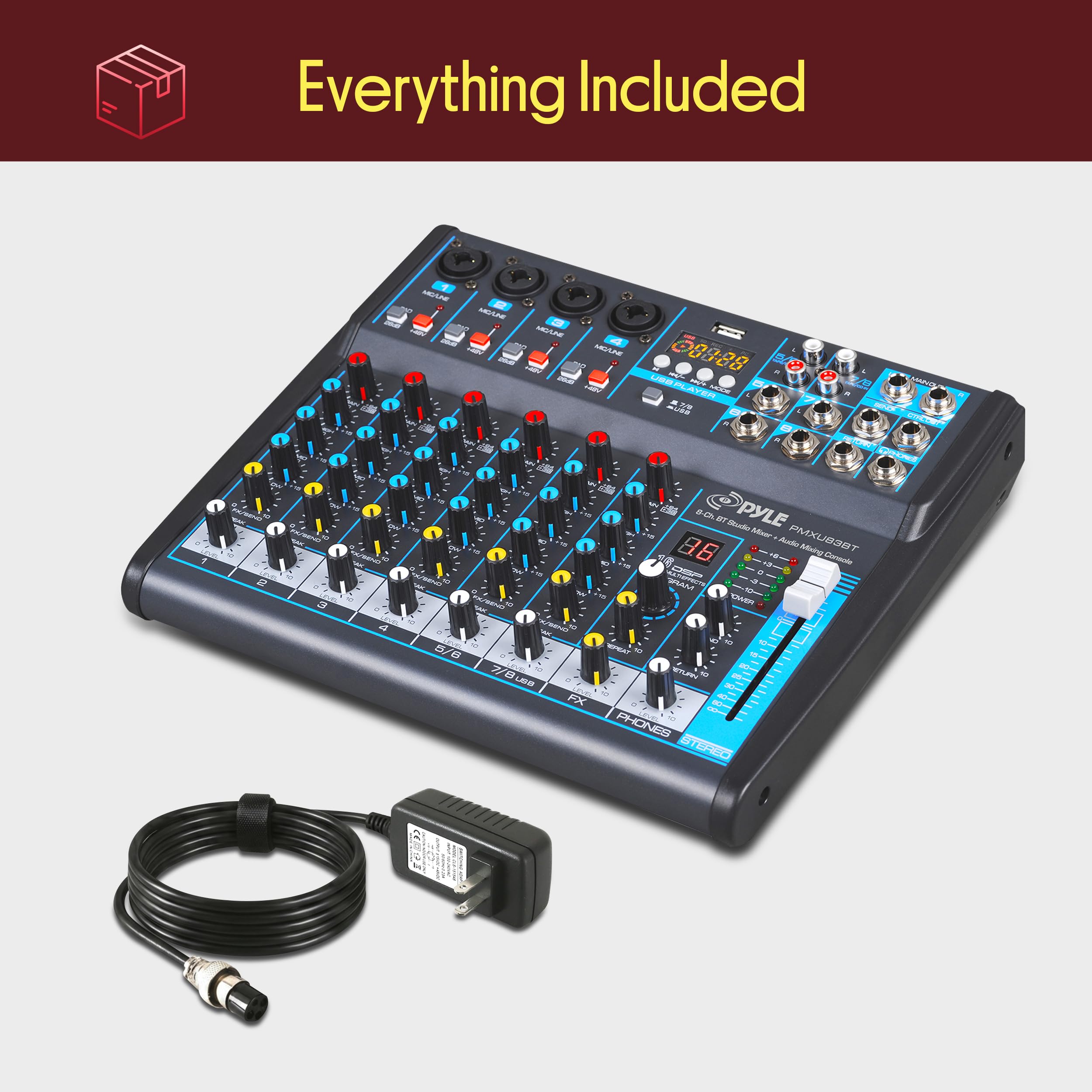Pyle 8-CH Studio per mixer DJ [interfaccia audio per mixare sistema audio] wireless Bluetooth Streaming | USB/interfaccia connessione computer | Supporto | MP3 digitale + 48 V Phantom Power (pmxu83bt)