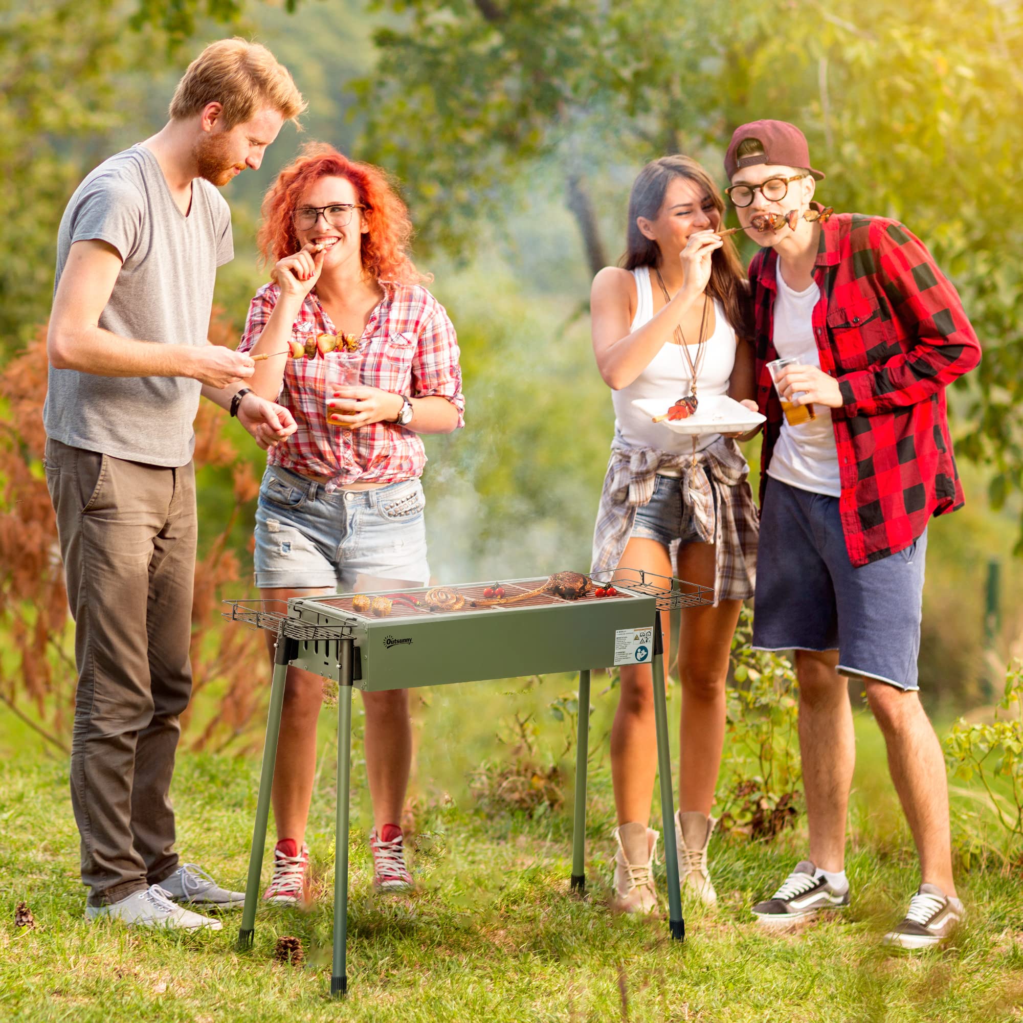Outsunny Barbecue a Carbonella, BBQ Portatile, 94x39x70cm, Verde Scuro | 2 Griglie in Acciaio, a Carbone, Cestini Laterali, Gambe Rimovibili
