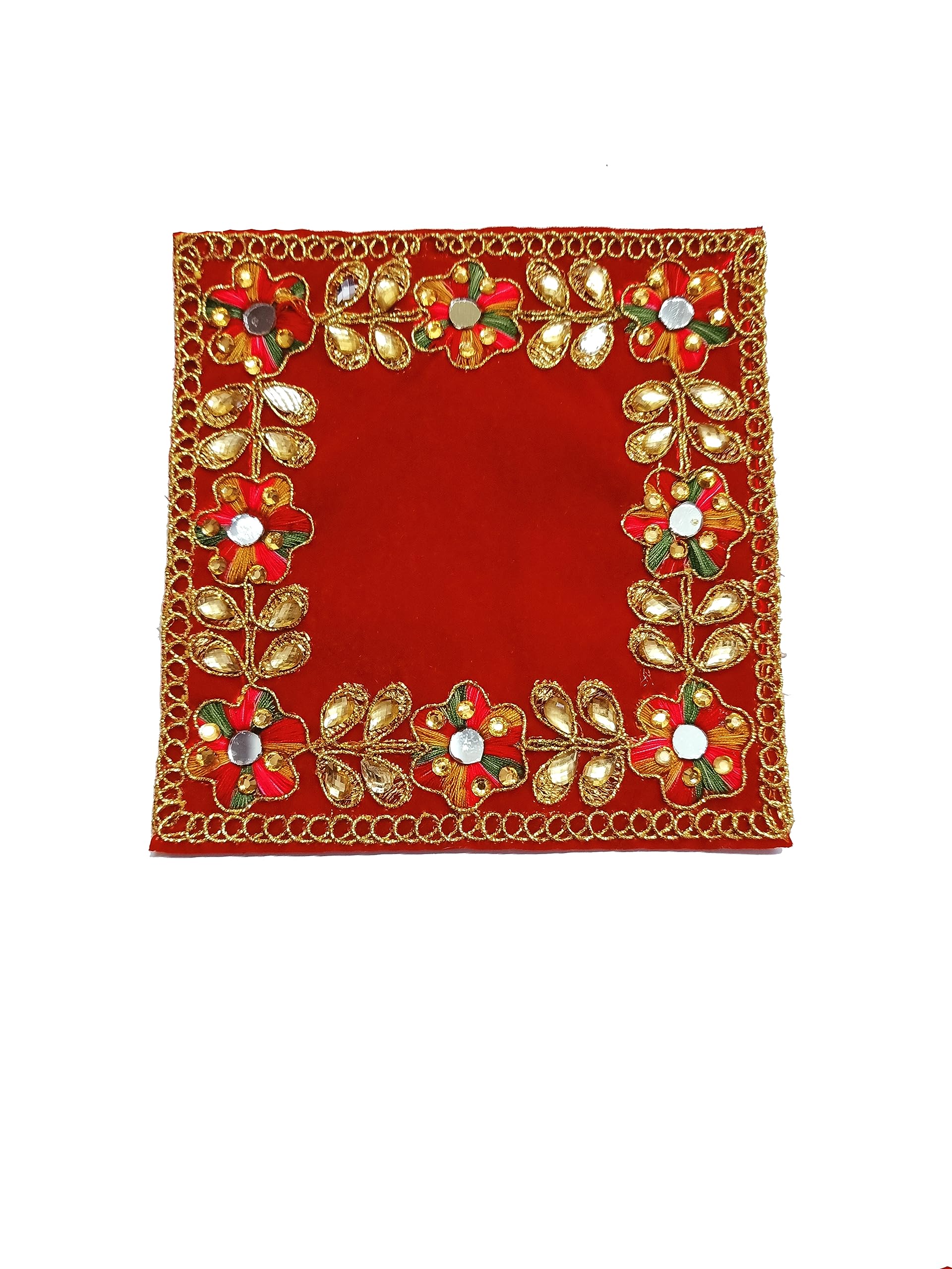 GenericR N Creation Bhakti Lehar (: 5" x 5" Inch) Embroidered Red Velvet Cloth for Pooja and God Idol/Puja Aasan Kapda/Chawki Altar Red Puja Cloth for Mandir, Temple and Other Puja Rituals - Pack of (8)