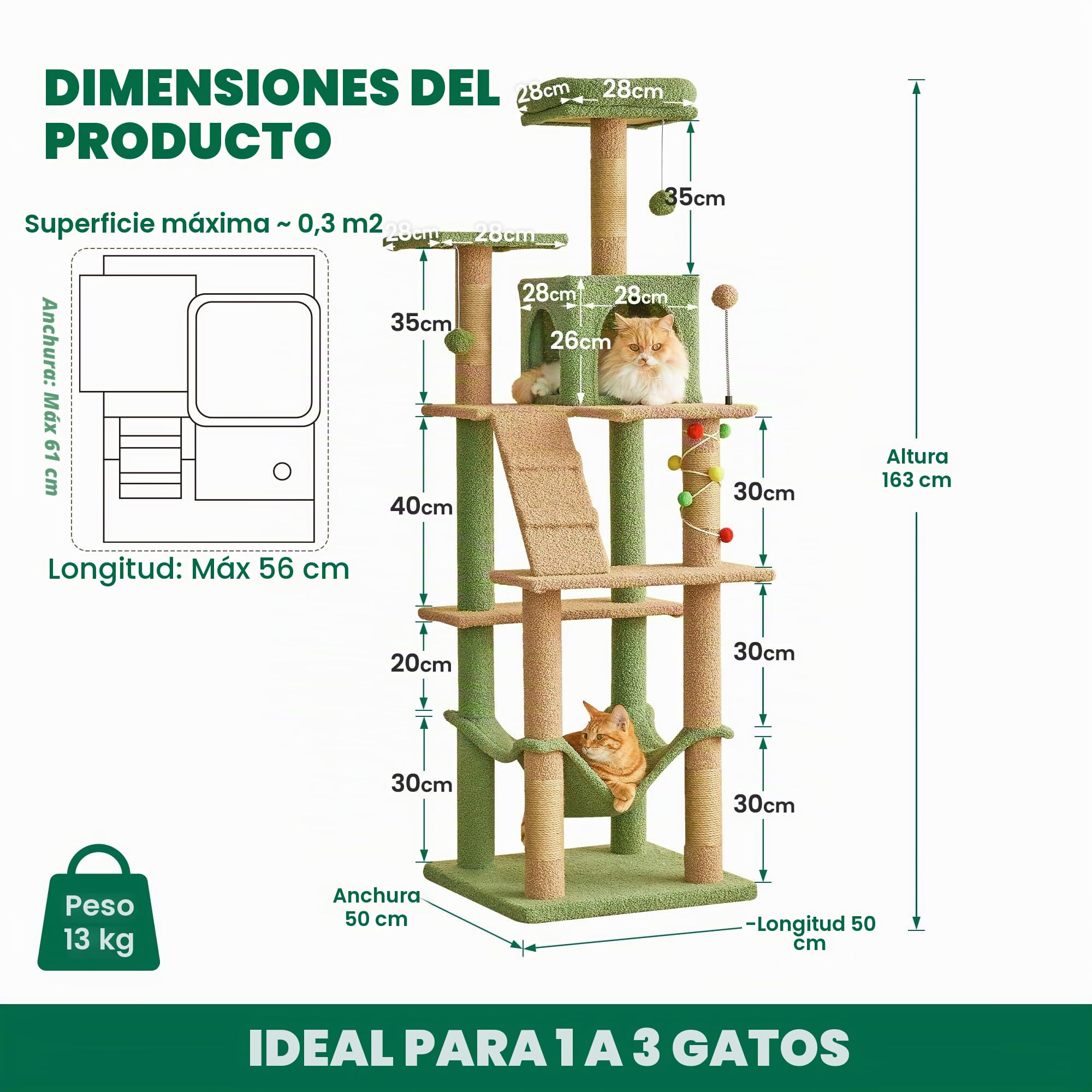 Árbol para Gatos Green, Torre de Varios Niveles de 163 cm para Gatos de Interior con Postes rascadores Recubiertos de sisal, Plataforma Acolchada, Hamaca acogedora y Juguetes Colgantes.