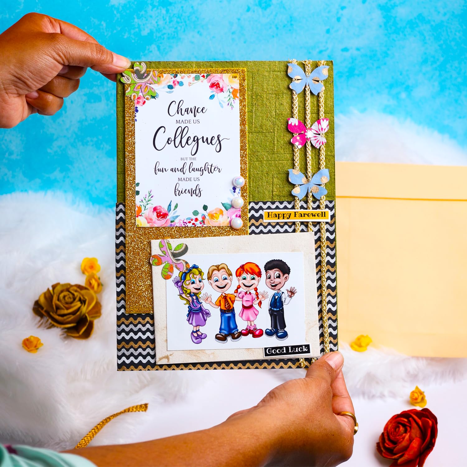 Natal Crafts Handmade Happy Farewell Greeting Card for Colleagues – Chatai Texture Paper, Pop-Up Design, Photo Inserts & 8 Blank Message Postcards – Office Goodbye Card with Envelope (10x7 inch)