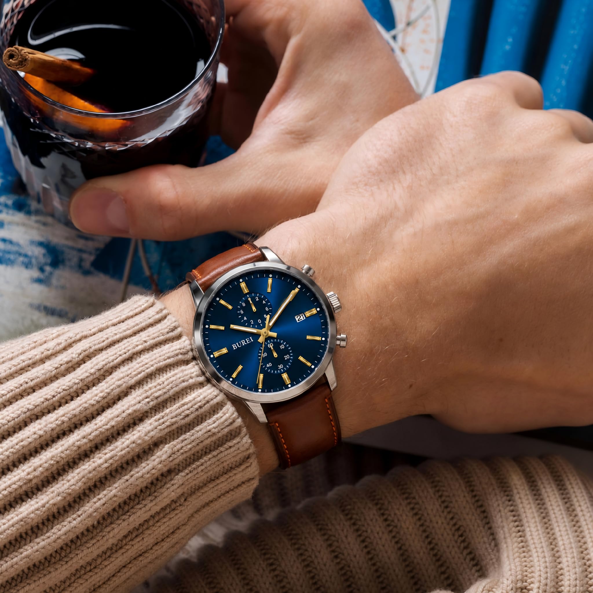 BUREI Herrenuhr Chronograph 44mm – Retro Armbanduhr Herren mit großem Zifferblatt & Lederarmband | Business, Casual, Sport | wasserdicht | Geschenk für Männer