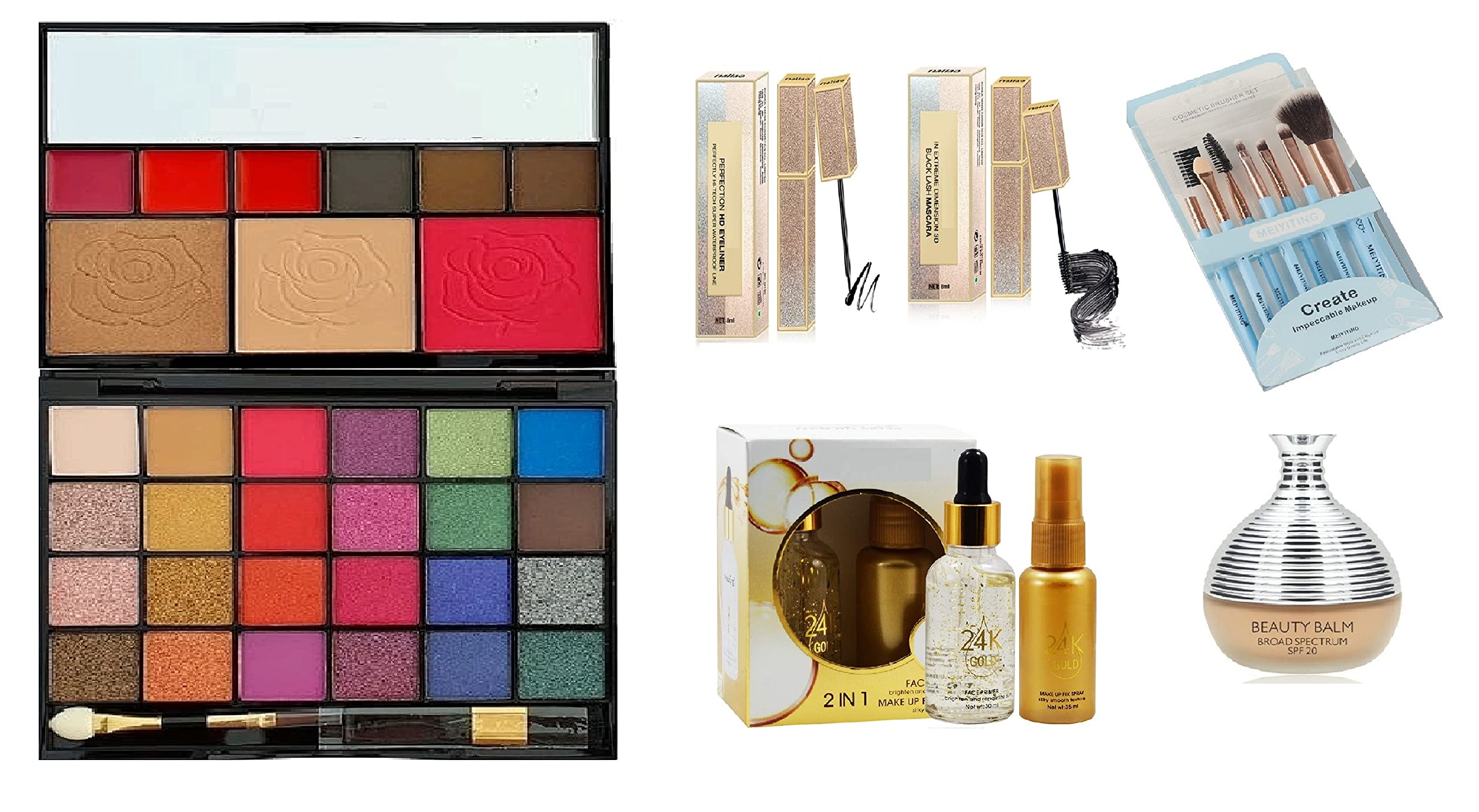 Glavon Makeup Kit Gift for Rakhi/Raksha Bandhan + Perfection HD Liner + 3D Extreme Mascara + BB CREAM + 24K Gold Face Primer + Makeup Fixer + 7 Pcs Makeup Brushes Set - [Gift Pack of 13 Items]