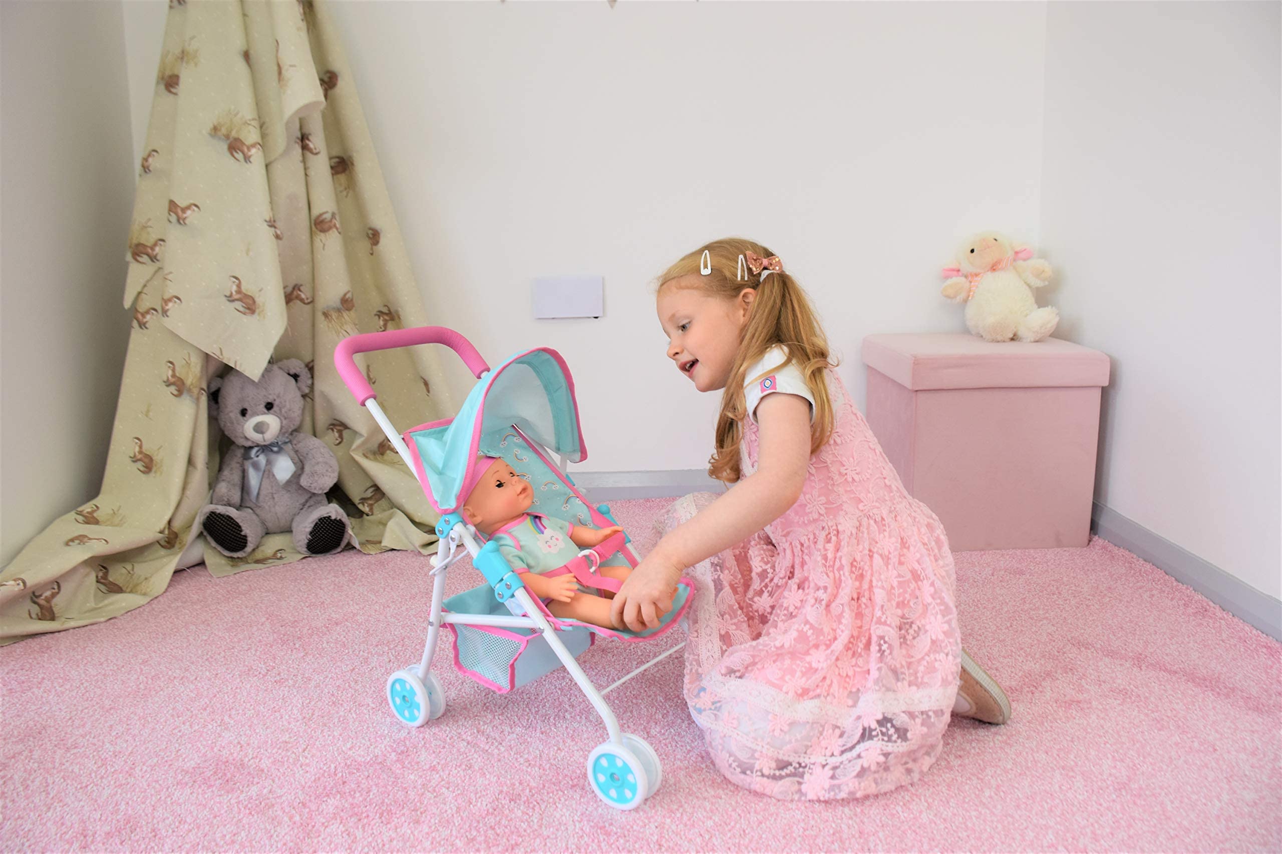 KOOKAMUNGA KIDS Baby Doll Stroller Easy Fold Pram with Retractable