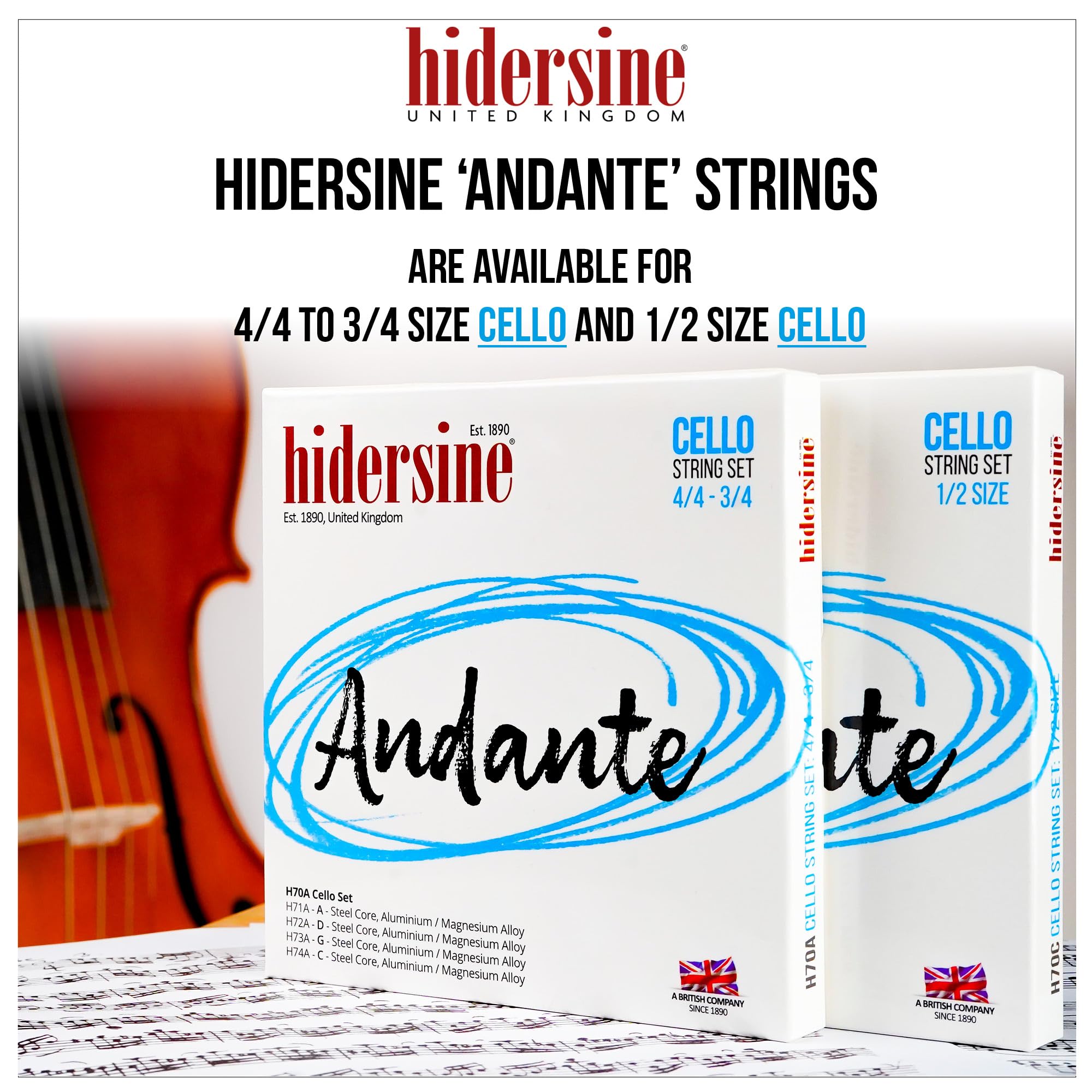 Hidersine Andante Cello String SET of 4 for 4/4-3/4 size. Steel Core, Alloy String - Image 4