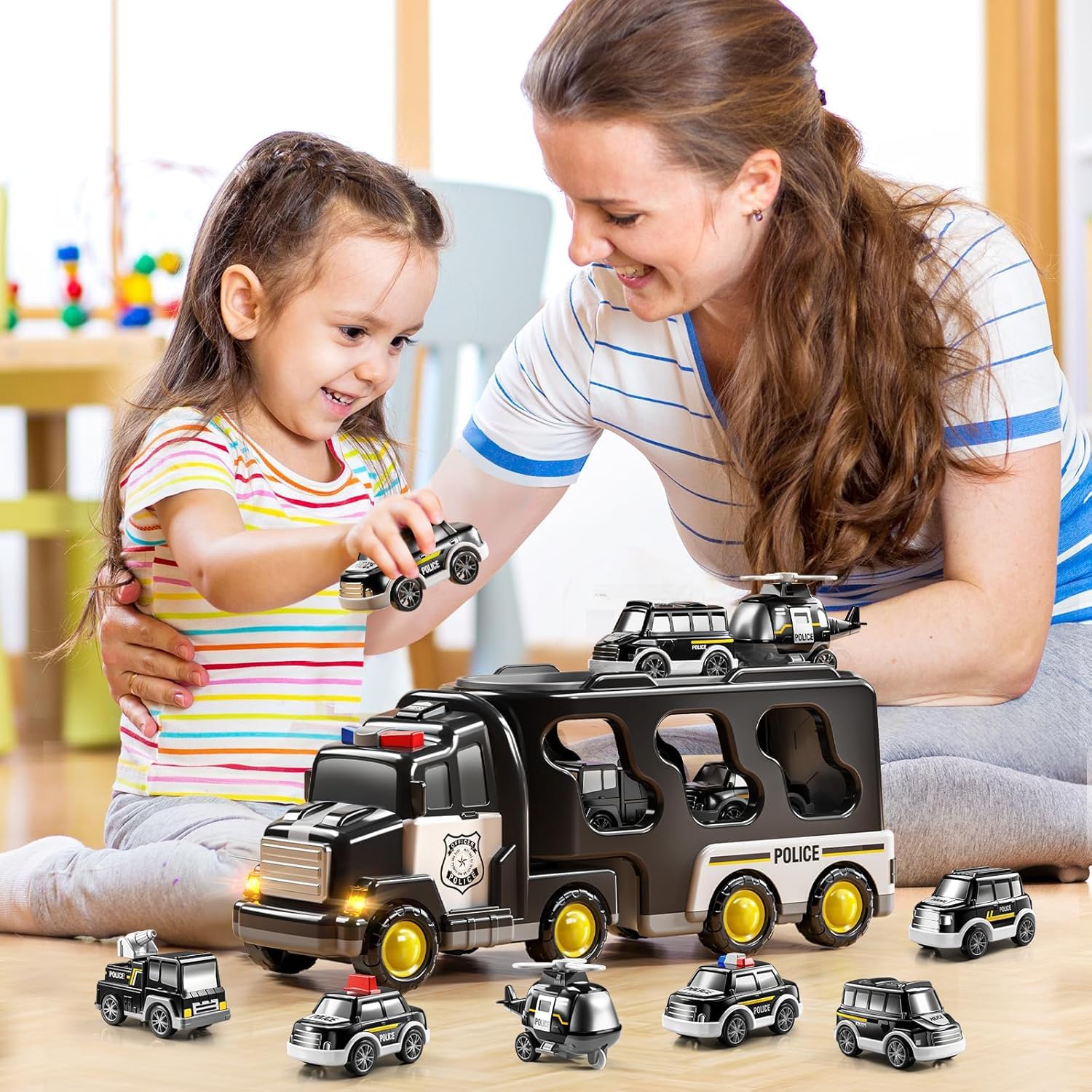 Mini Explorer 5 in 1 Police Trucks Boy Toys for 3-5 Year Old Toddlers - Toys for 3 4 5 6 7 Years Old Transport Vehicle Carrier Truck Sets Kids Boys & Girls 3