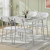 VECELO Dining Table Set for 4, 5-Piece Kitchen Table with 4 Chairs, MDF Board Tabletop with Metal Frame for Small Space, Compact Dinette, Breakfast Nook, White