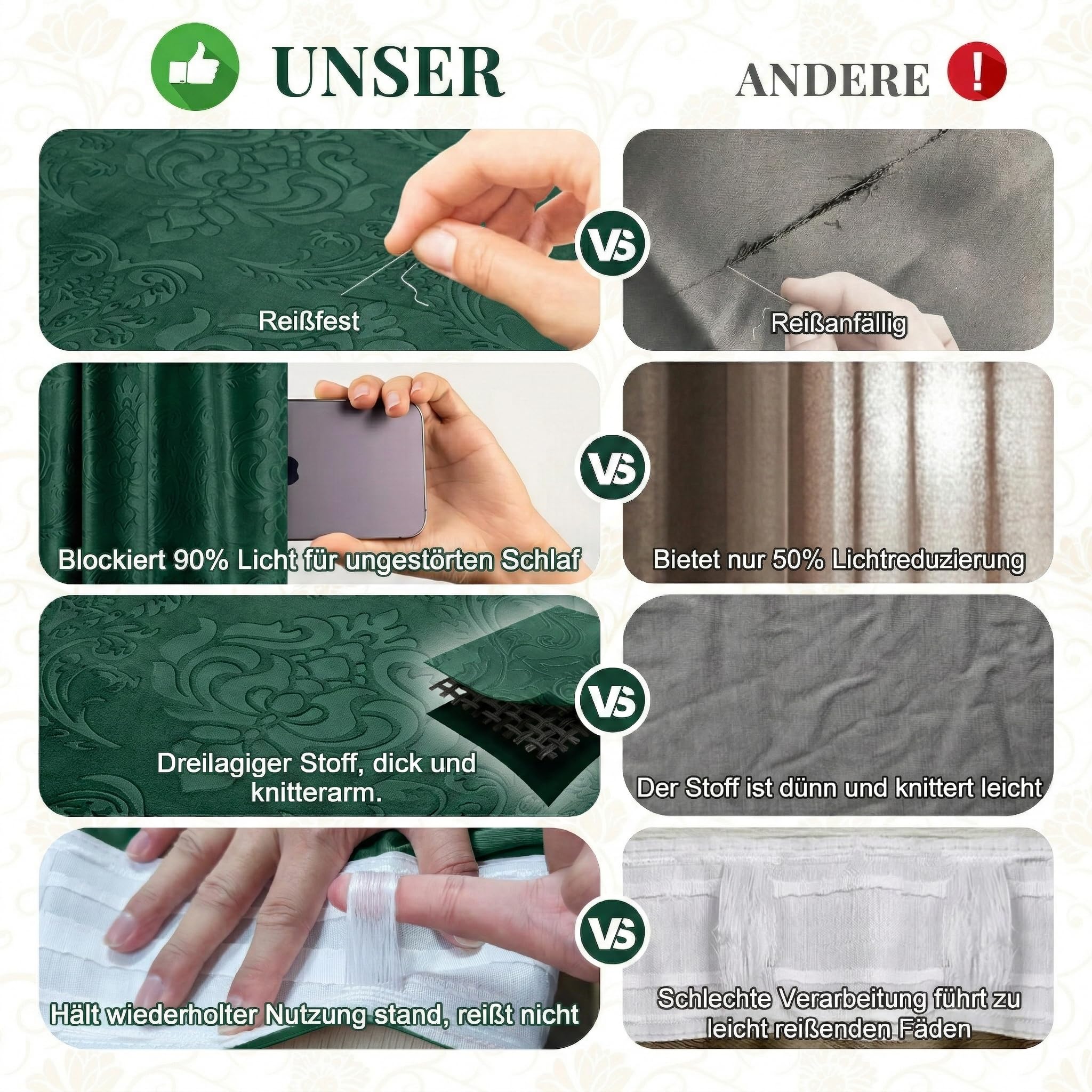 Samtvorhang Kräuselband Blumen Muster 2er Set, H260xB132CM, Luxus Verdunkelung Samt Multifunktionsband Thermovorhang Kälteschutz für Wohnzimmer & Schlafzimmer, 260gsm Velvet Gardinen(Tuscany Green)