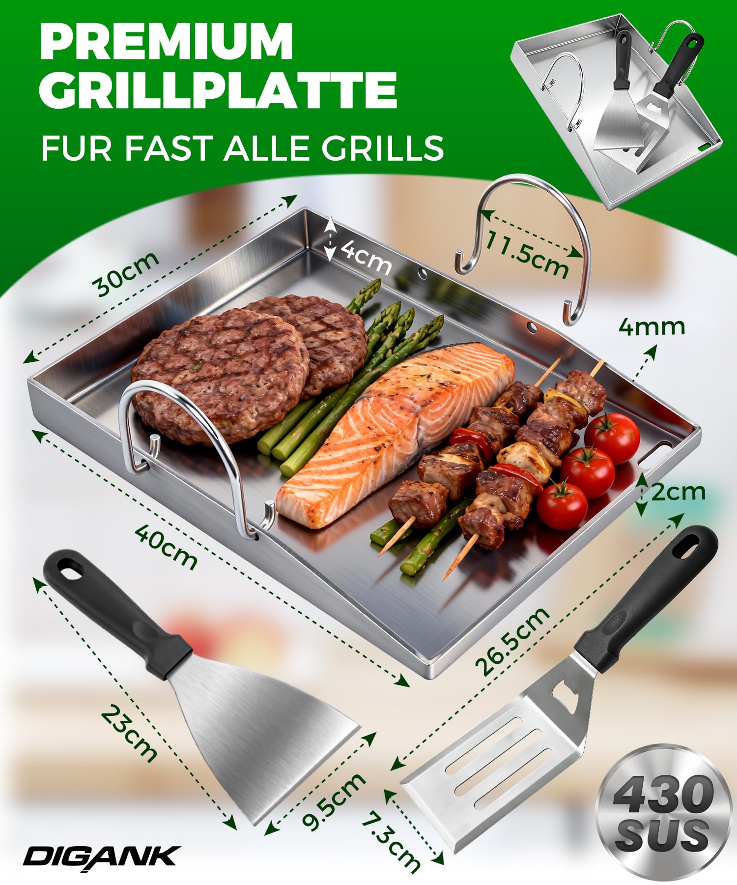 Edelstahl Plancha Grillplatte 40x30cm, 4mm Massiv plancha platte mit Grillzubehör,Grillspachteln Set, für Gasgrill und Holzkohlegrill