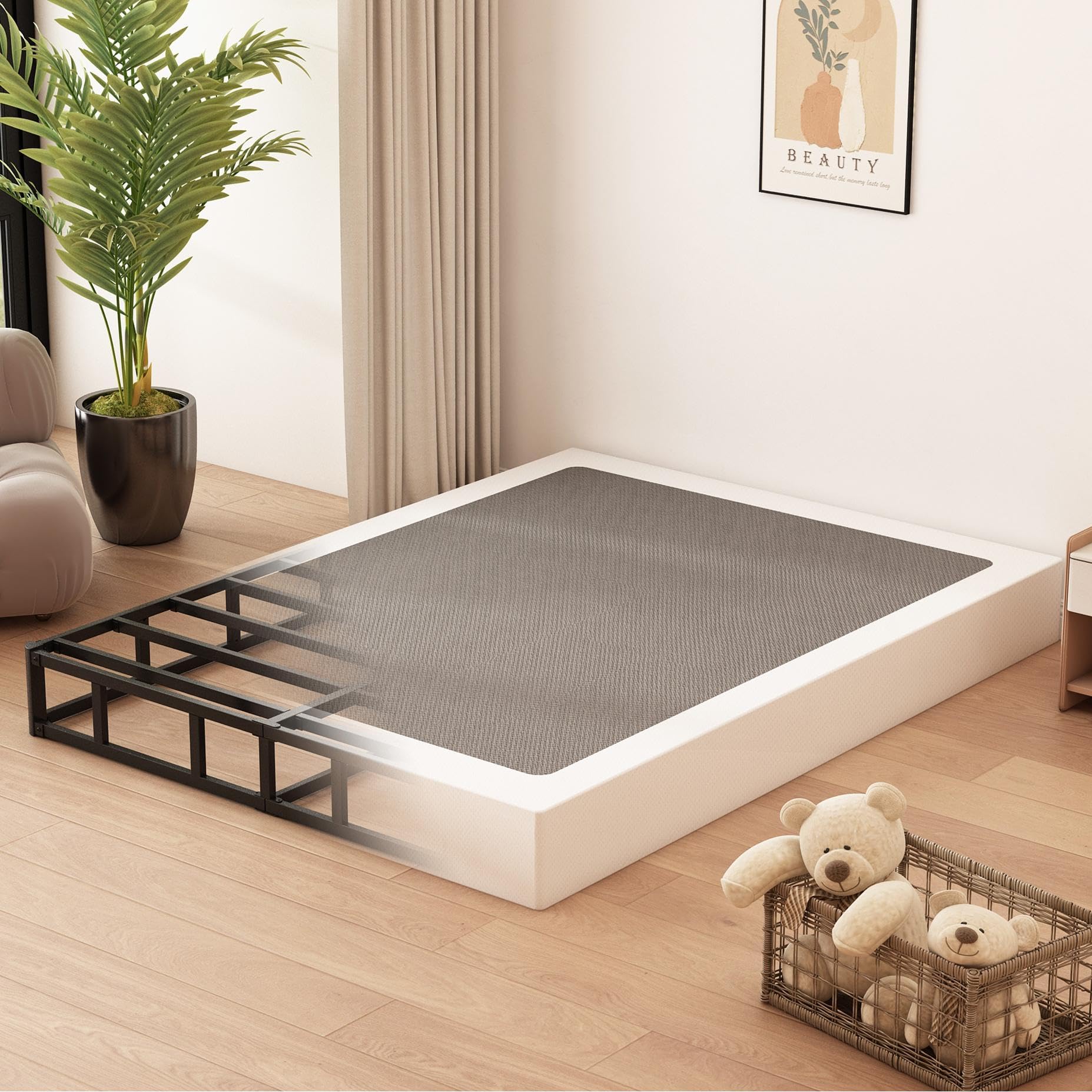 Box Spring Full Size Bed 8 Inch, High Profile Metal Full Size Box Spring Bed Base with Fabric Cover, Sturdy Mattress Foundation, Easy Assembly, Noise Free, Black (1 box to pick up)