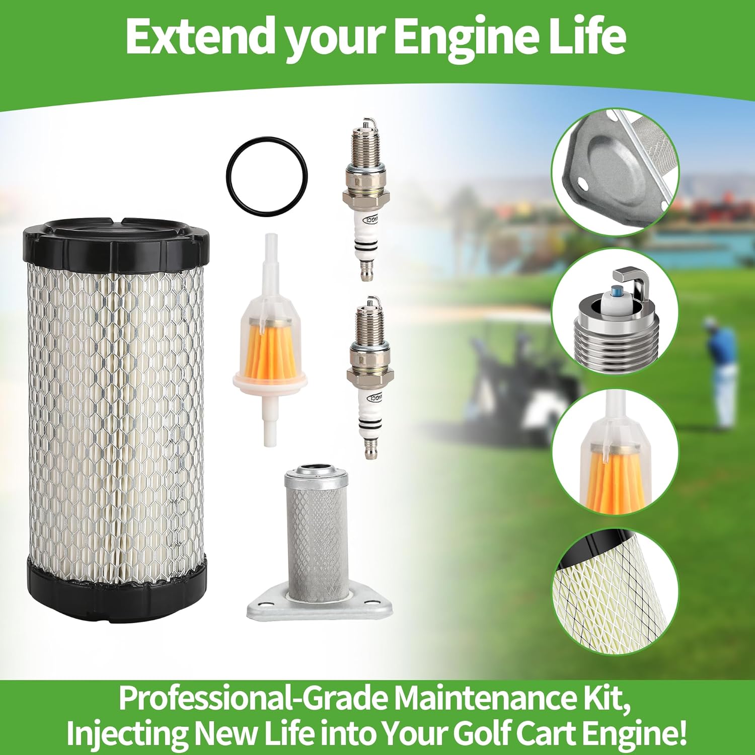 Tune Up Kit Compatible with EZGO TXT (W/MCI)/RXV (W/Robbins)/ST350/Workhorse, with Air + Oil + Fuel Filter 28463G01 26591G01 Spark Plug O-Ring