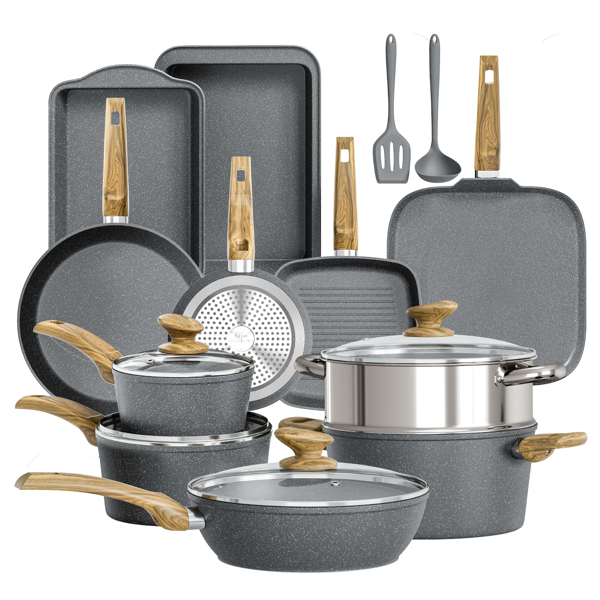 DishDelight Induktions-Kochgeschirr-Set mit Grillplatte 17-teiliges Induktions Töpfe Set Topf und Pfannenset mit Deckel Granit Antihaftbeshichtung Topfset Kochtopf