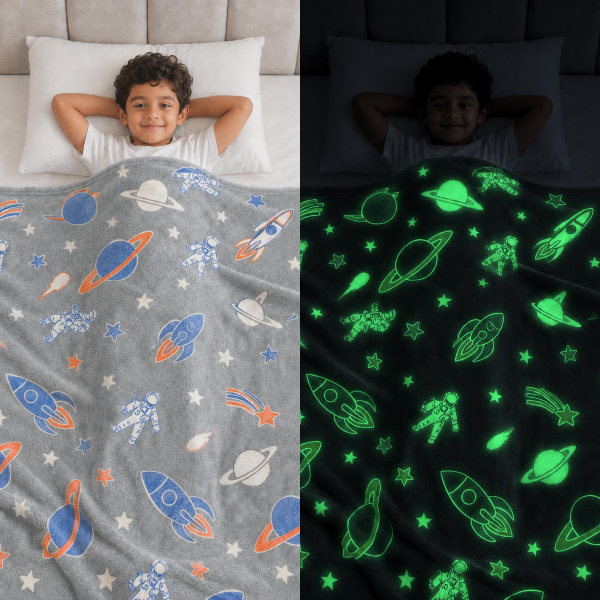 Famyo® Queen Size Glow in The Dark Blanket for Kids - Rocket | 200x152 cm, 0-15 Years | Soft Flannel Fleece Throw | Cozy & Warm All-Season Glow Blanket | Ideal Gift for Boys & Girls (Grey)