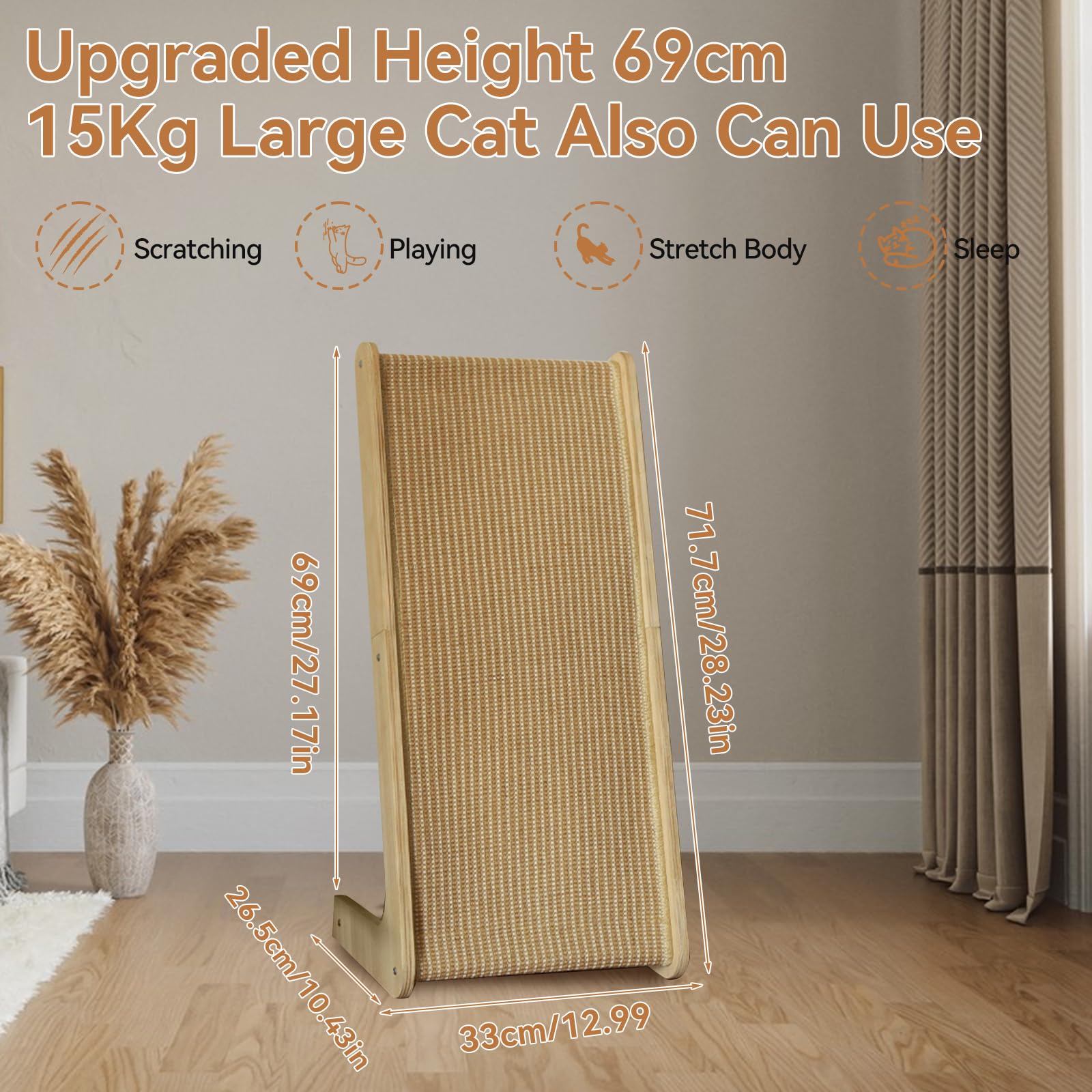 Sisal Katzenkratzer, L-Form 105° Kratzpad, 68 cm hoch Kratzbrett für Indoor-Katzen, Wandmöbelschutz für alle Katzen liegend, Entspannen mit Ballspielzeug