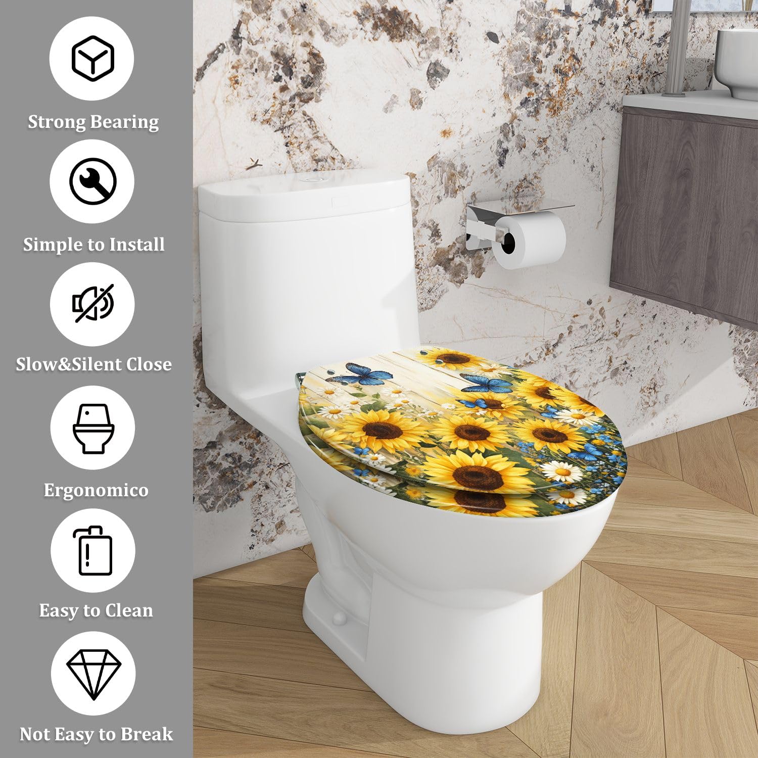 Asiento de inodoro alargado con bisagras de cierre suave y liberación rápida. Decoración rústica para baño.