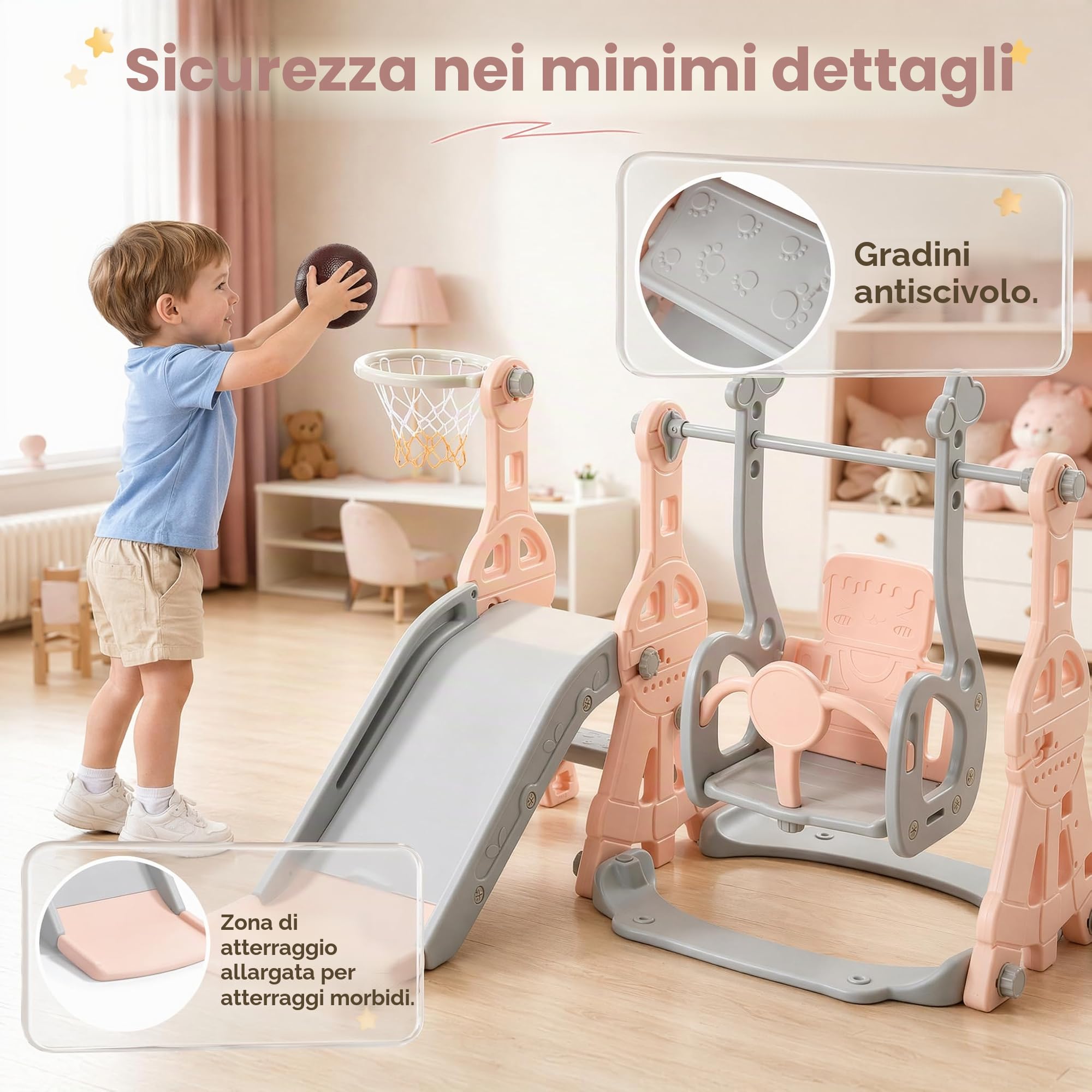 Scivolo per bambini per esterni, 4 in 1, con scivolo, altalena, struttura per arrampicata, canestro da basket, per interni ed esterni, scivolo autoportante, parco giochi per bambini piccoli