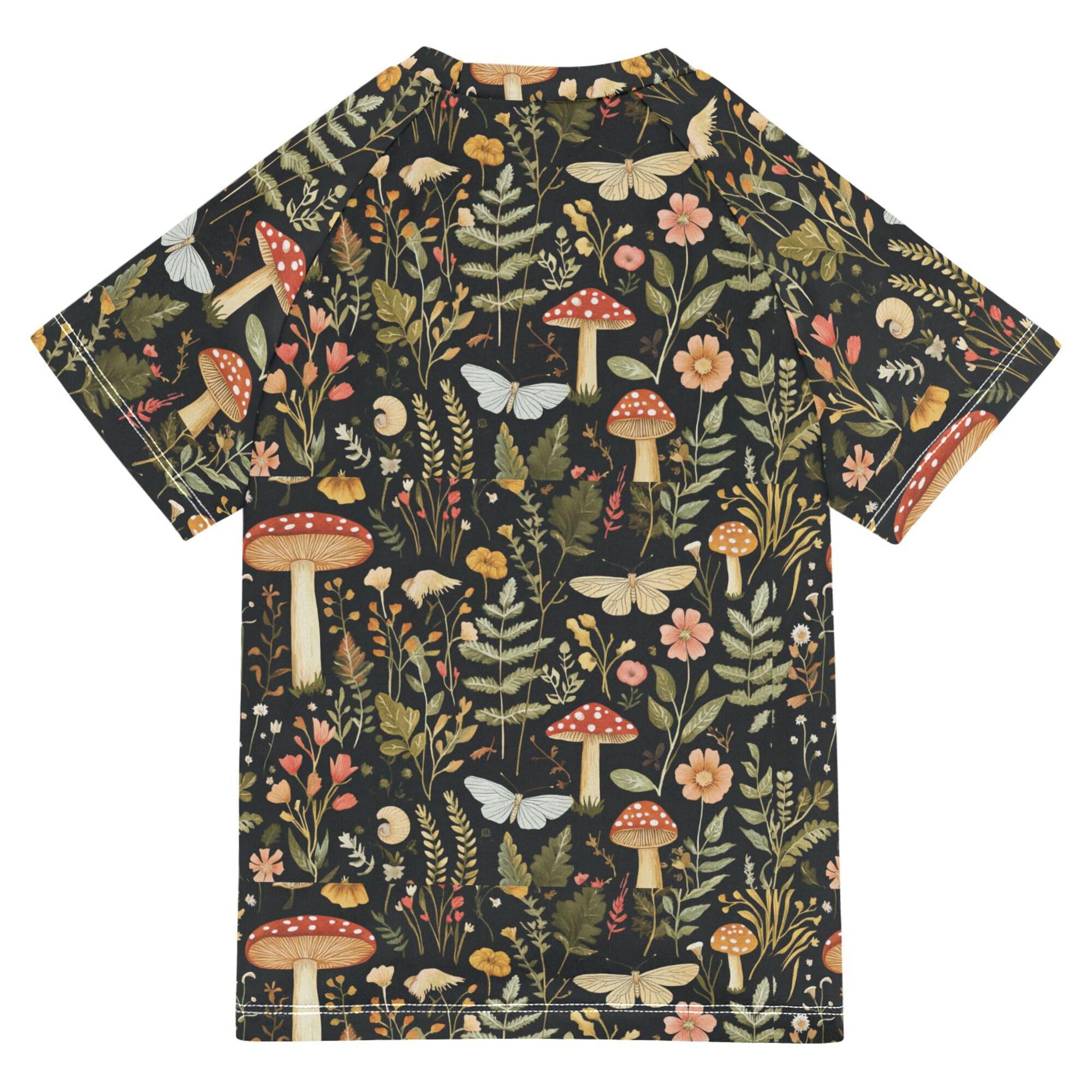 Wudan Mushroom Botanical Dragonflies Butterflies Boy Bathing Suit Short Sleeves Girls Swimsuit with Rashguard Swimwears Football Sports Shirt for Little Boy 5-6T