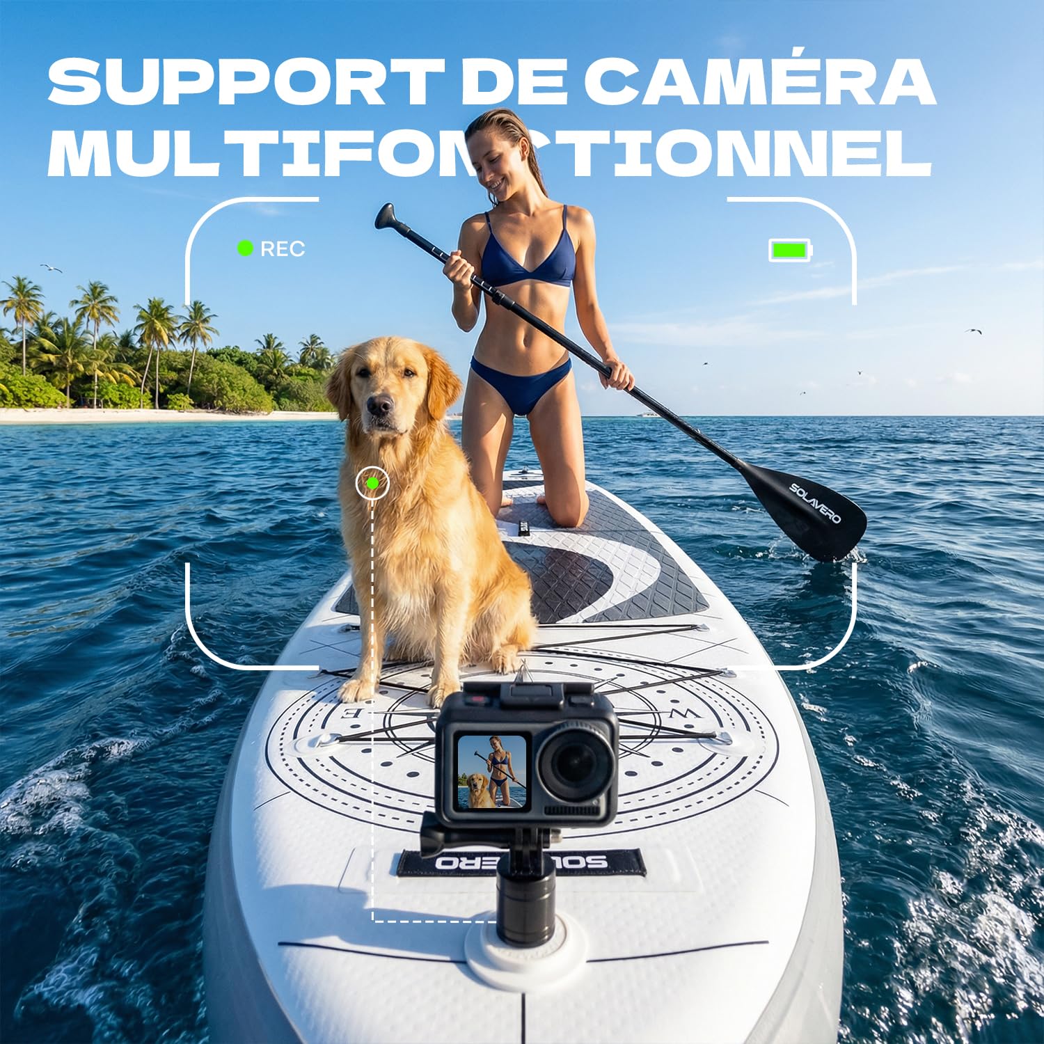 SOLAVERO Stand Up Paddle Gonflable 350 x 89 x 15 cm Adulte 200kg 2 Personnes avec Pagaie Réglable, Pompe, Leash, Pochette et Sac à Dos