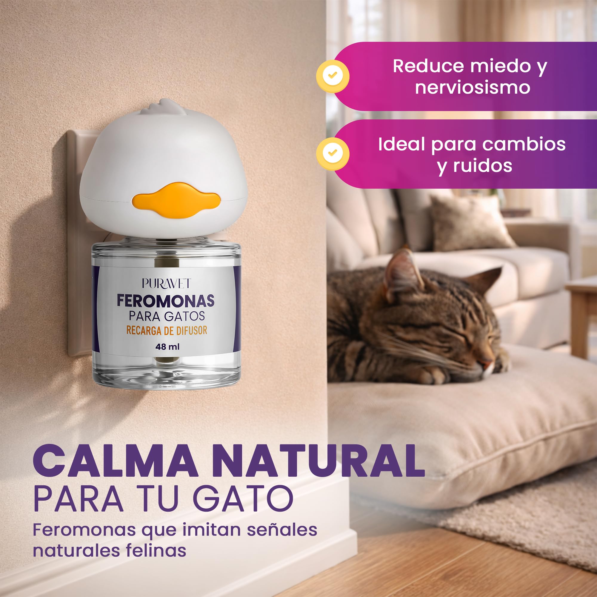 Feromonas para Gatos - Difusor + 2 Recambios de Feromonas Calmantes para Gatos (60 días, 48 ​​ml) - Ayuda a Reducir el estrés del Gato, Arañazos, Miedos, Cambios, Marcaje con Orina.
