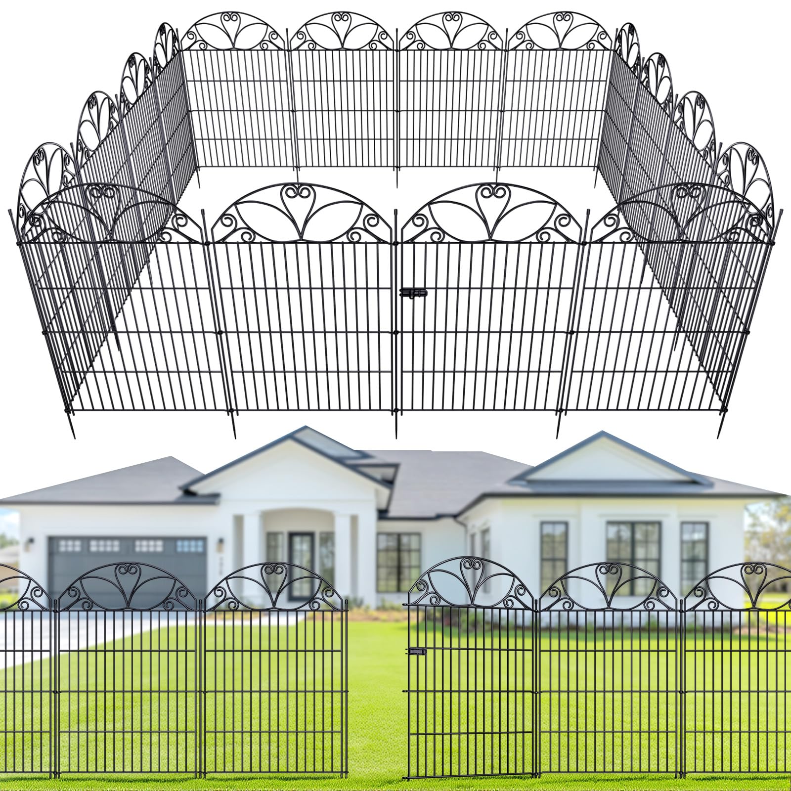 The Fellie Metal Garden Fence Panels 81 cm H x 7 m L, 10 Pack No Dig Rustproof Garden Fencing with Gate, Decorative Animal Barrier Border Fence for Dogs, Patio, Lawn, Flower Bed and Yard, Black