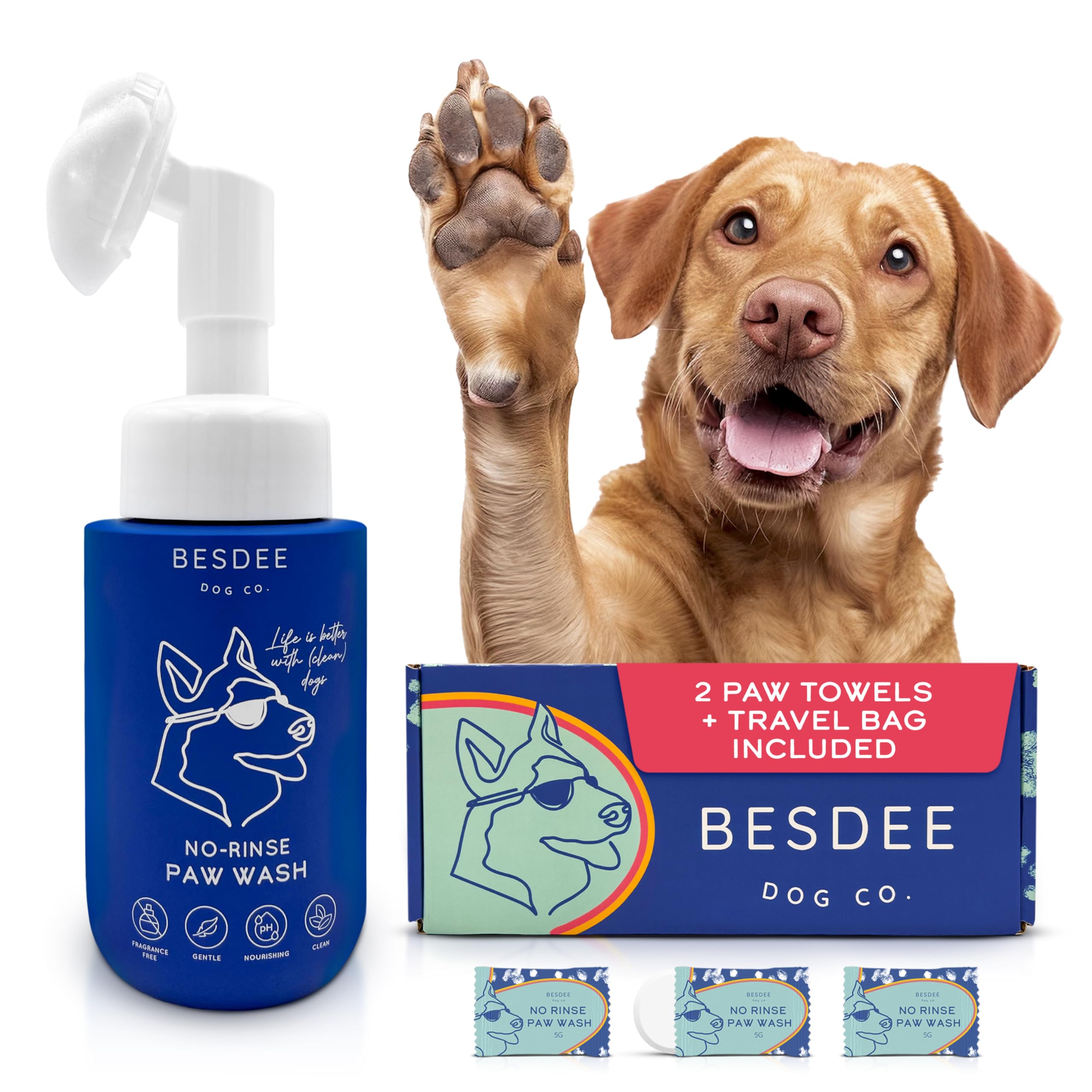 Dog Paw Cleaner. Refillable No-Rinse Paw Wash with Foaming Scrub Bottle. 3 Tablets = 3 Bottles = 150+ Washes. Eco-Conscious Paw Cleaner with 2 Towels & Travel Bag – Natural & Gentle