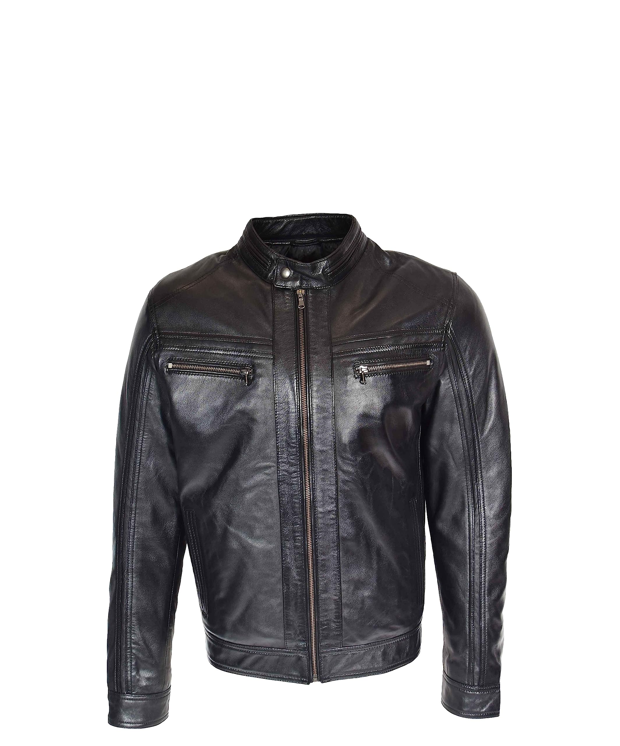 Mens Real Leather Biker Jacket Casual Cafe Racer Style Charlie Black (as8, alpha, x_l, regular, regular)