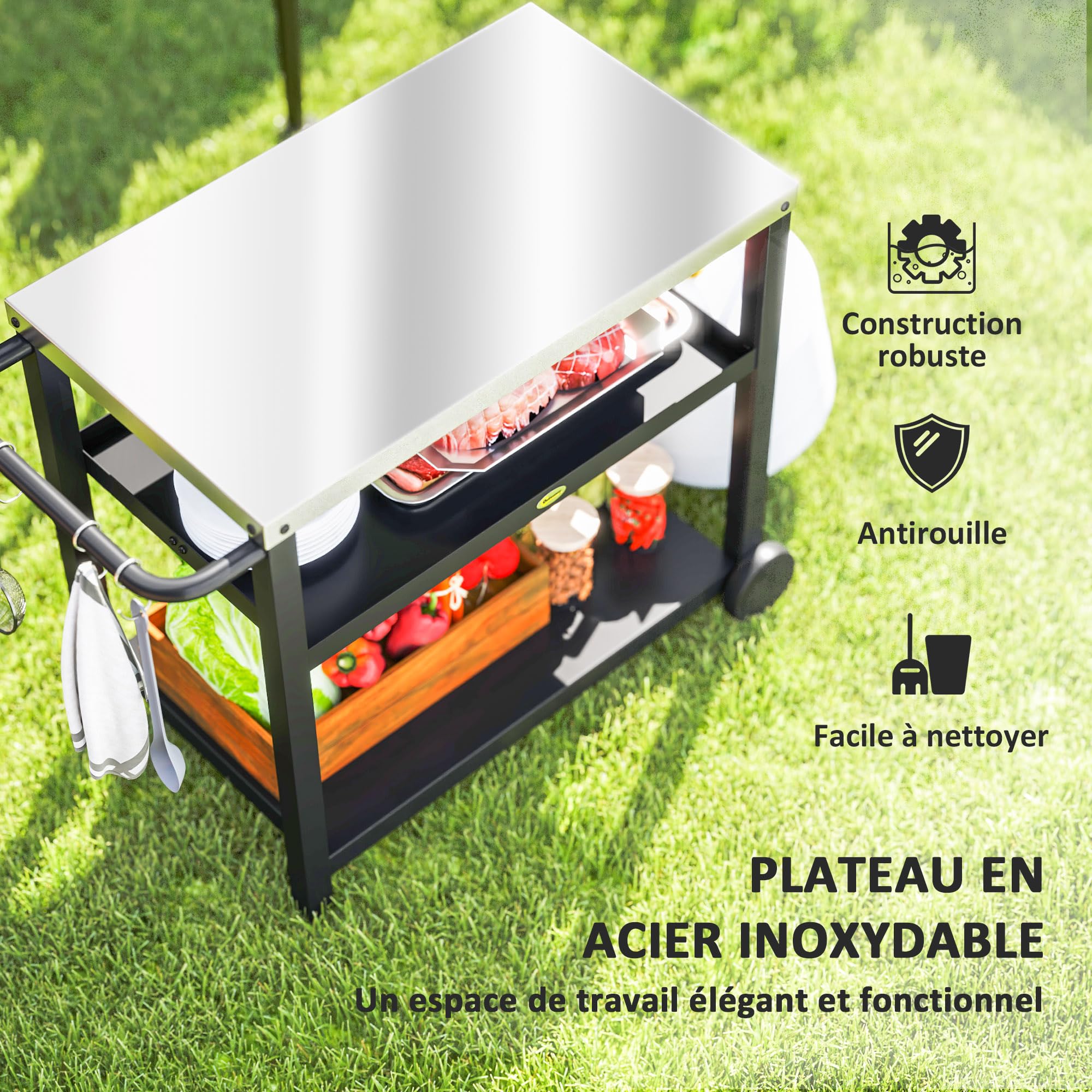 Outsunny Desserte plancha extérieure avec plan de travail en acier inoxydable, chariot de barbecue avec étagères, desserte de jardin avec crochets, porte-serviettes, 2 roues, 102x50x81cm, gris charbon