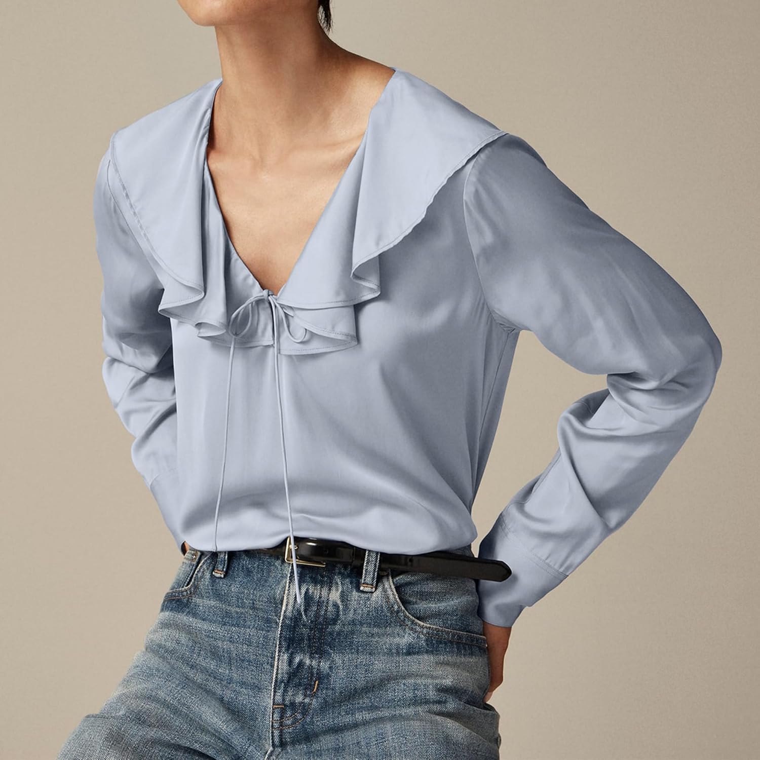 Womens Light Blue Satin Tie Up Shirt Ruffle V Neck Blouse Long Sleeve Business Casual Tops - Image 6