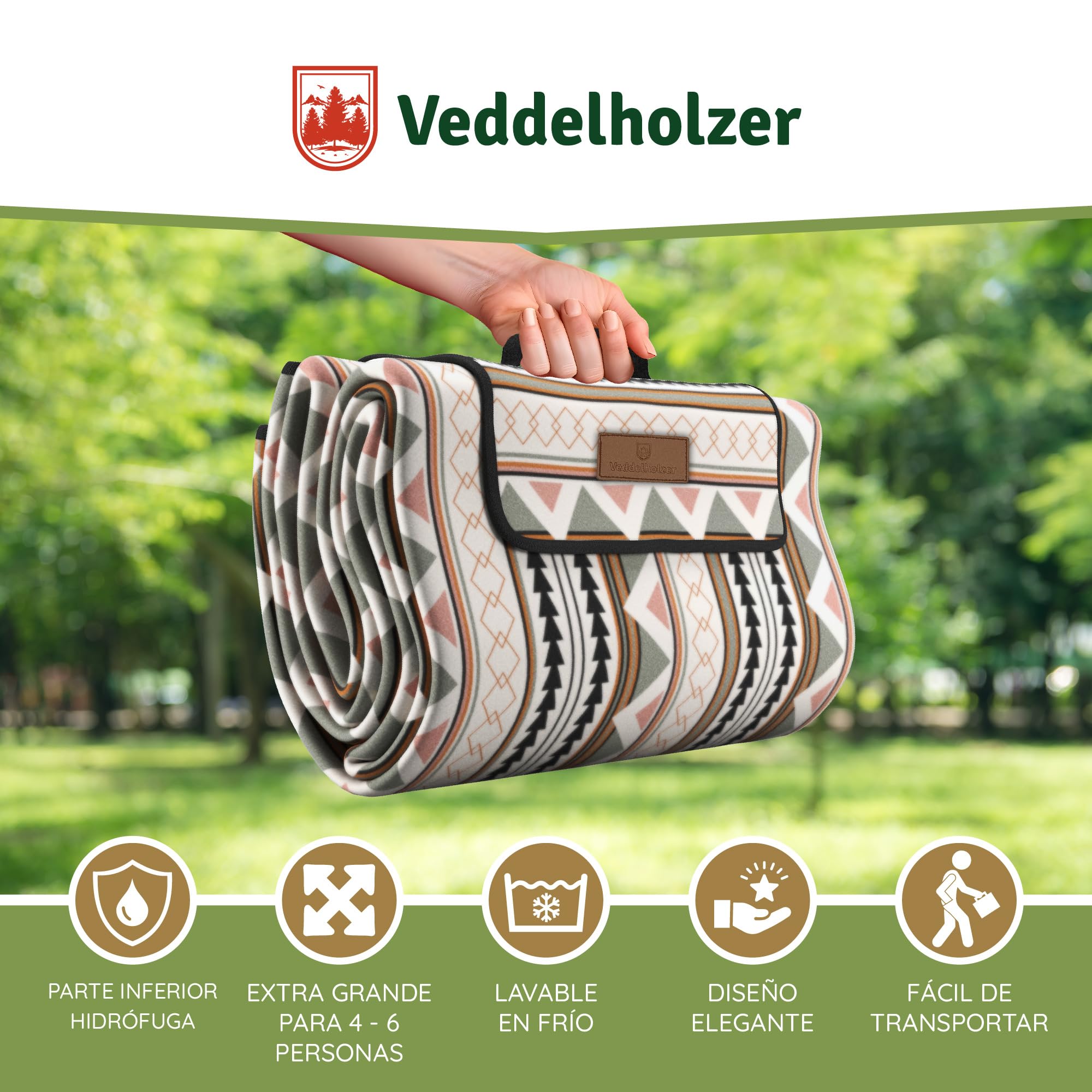 Veddelholzer 200 x 200 cm Manta de Picnic Boho Manta de Playa Impermeable y Resistente a la Arena XXL Aislante y Acolchada Ideal para Exteriores, Camping, Playa, Parque, Festival y Picnic