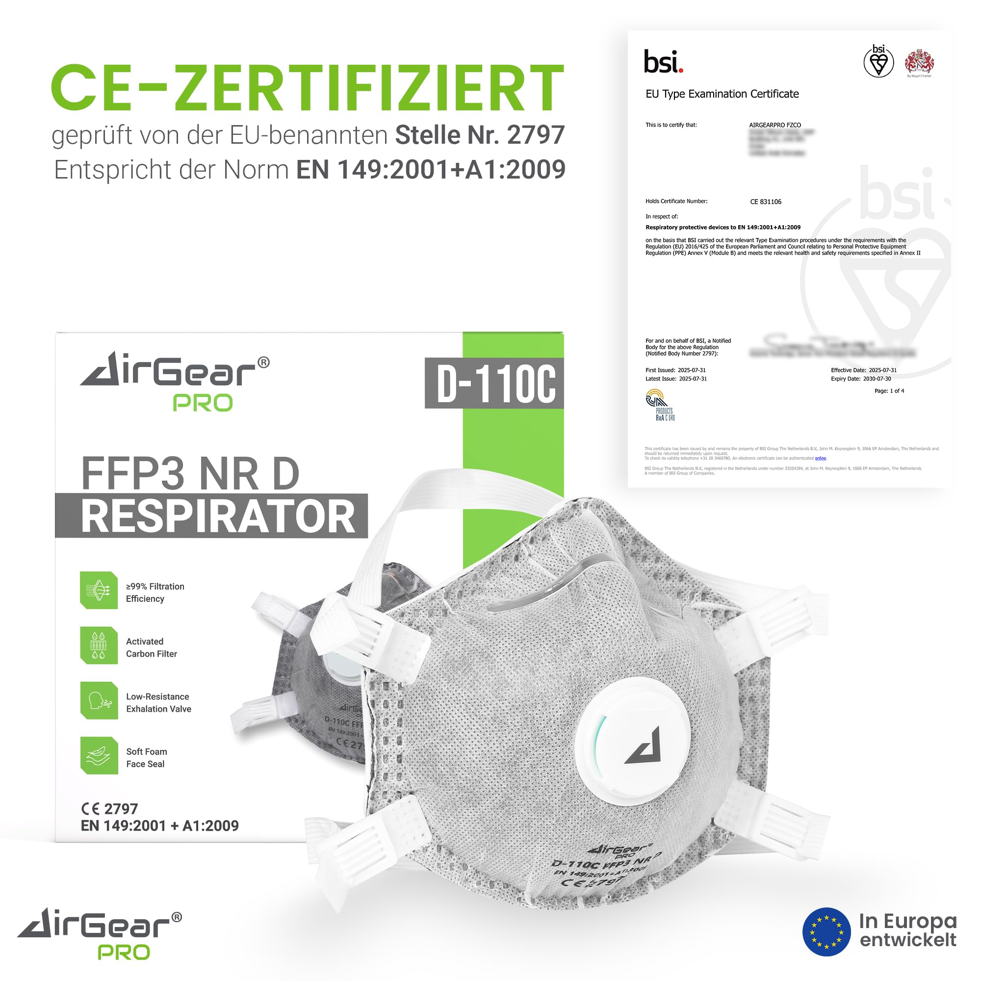 AirGearPro D-110C FFP3 Maske mit Ventil (20er Pack) – Staubmaske – Atemschutzmaske – Staubschutzmaske – Feinstaubmaske – Atemschutz z.B. gegen Feinstaub, Schimmel