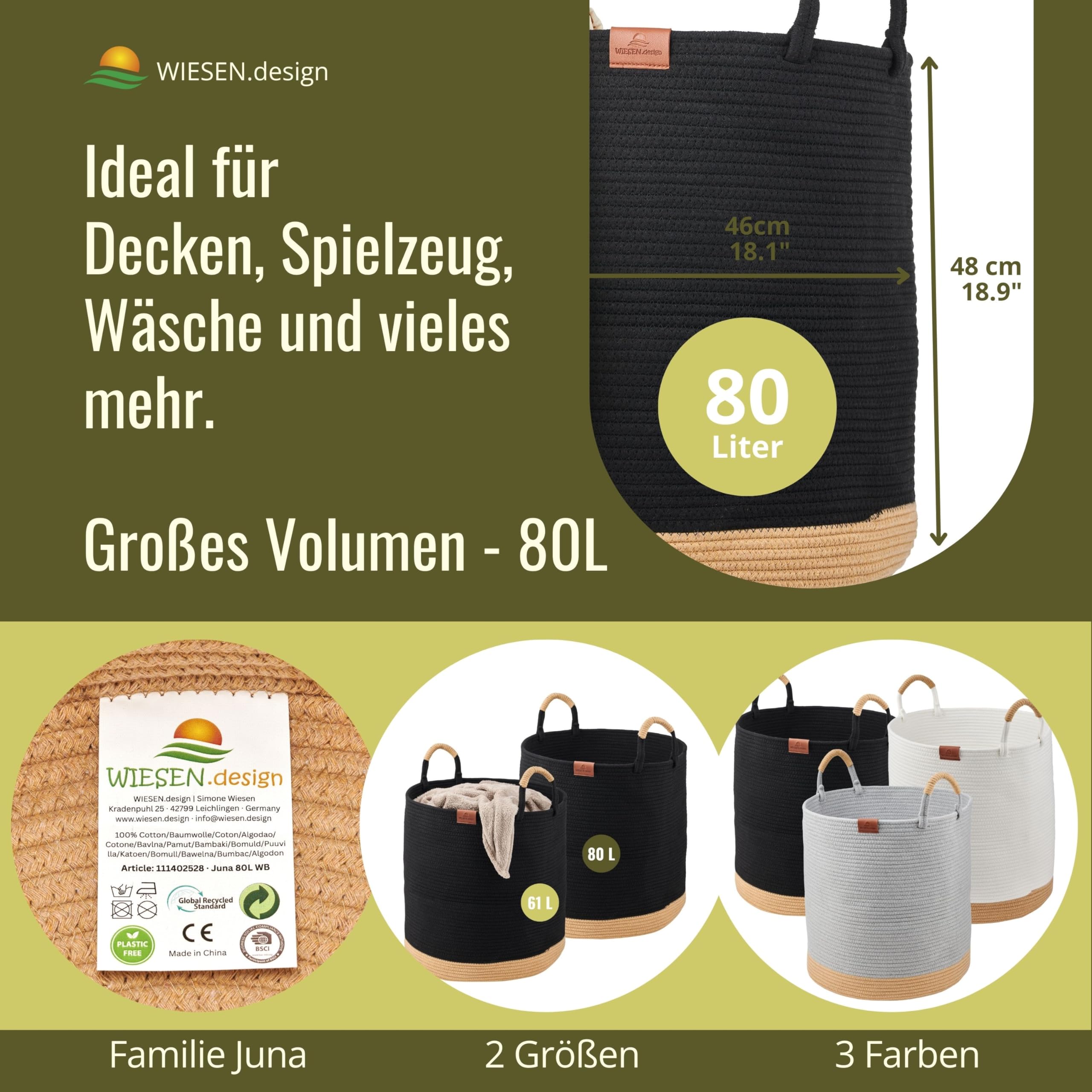 Großer Wäschekorb geflochten - Juna 80L Ø46x48 cm Schwarz - runder Aufbewahrungskorb aus 100% Baumwollseil, Aufbewahrungskorb geflochten, Wäschekorb Stoff