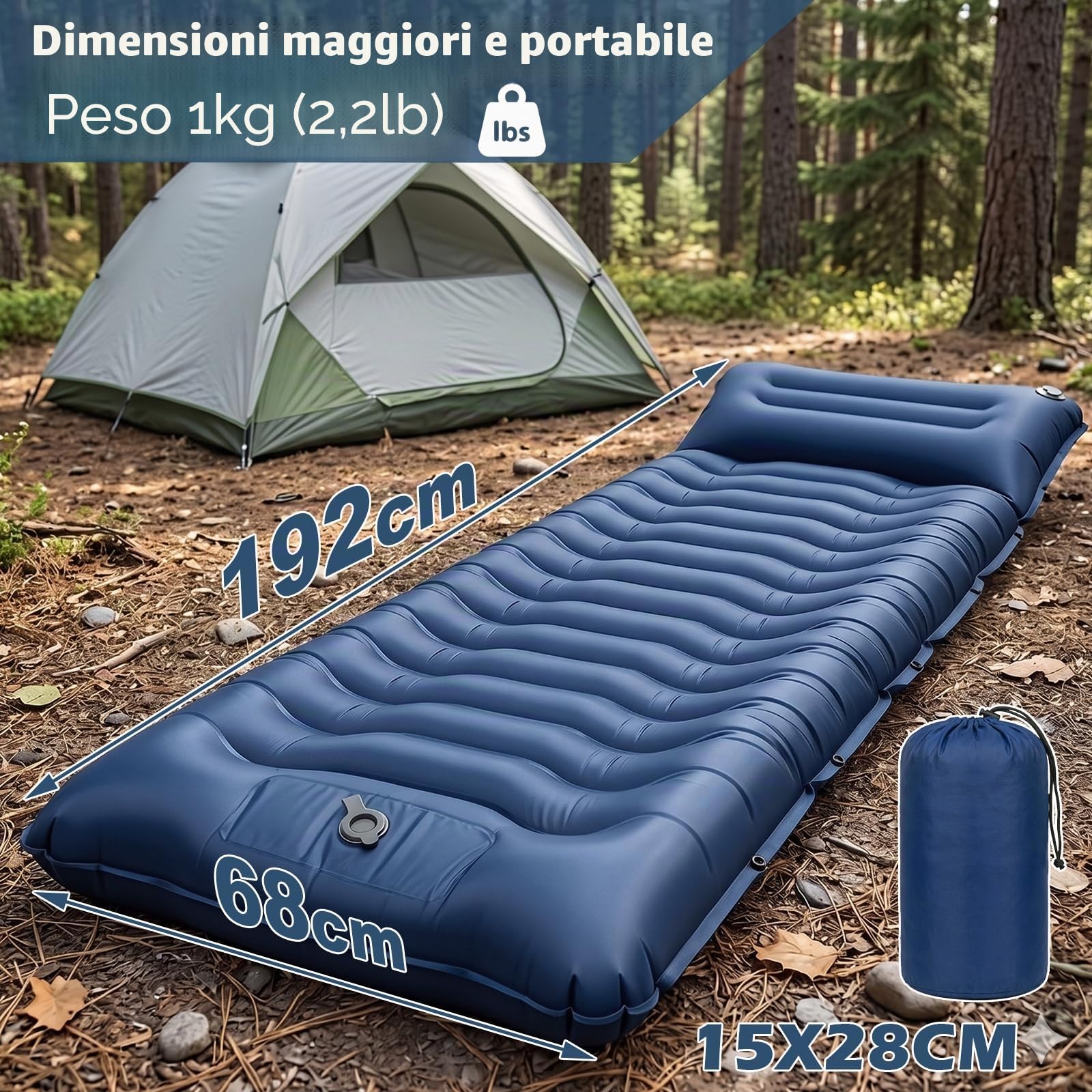 Materassino autogonfiabile per esterni, 14 cm, materasso ad aria spesso, con cuscino, pieghevole, compatto, per escursioni, viaggi, spiaggia, 192 x 68 x