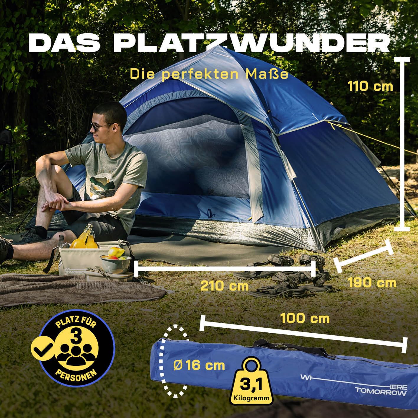 Lumaland Camping Zelt | Leichtes Pop Up Wurfzelt | 2-3 Personen Kuppelzelt | Trekking & Festival Igluzelt | Sekundenzelt Wasserdicht 210x190x110cm | Ideal auch als Strand Wind- & Sonnenschutz