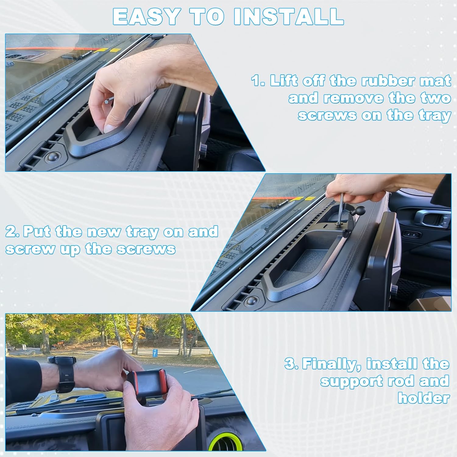 MuHize Car Phone Mount Holder for 2018-2023 Jeep Wrangler JL JLU & Gladiator JT, Upgraded Multi-Mount with Extension Arm, Metal Rod & Storage Tray – Interior Accessories, Not for 4xe