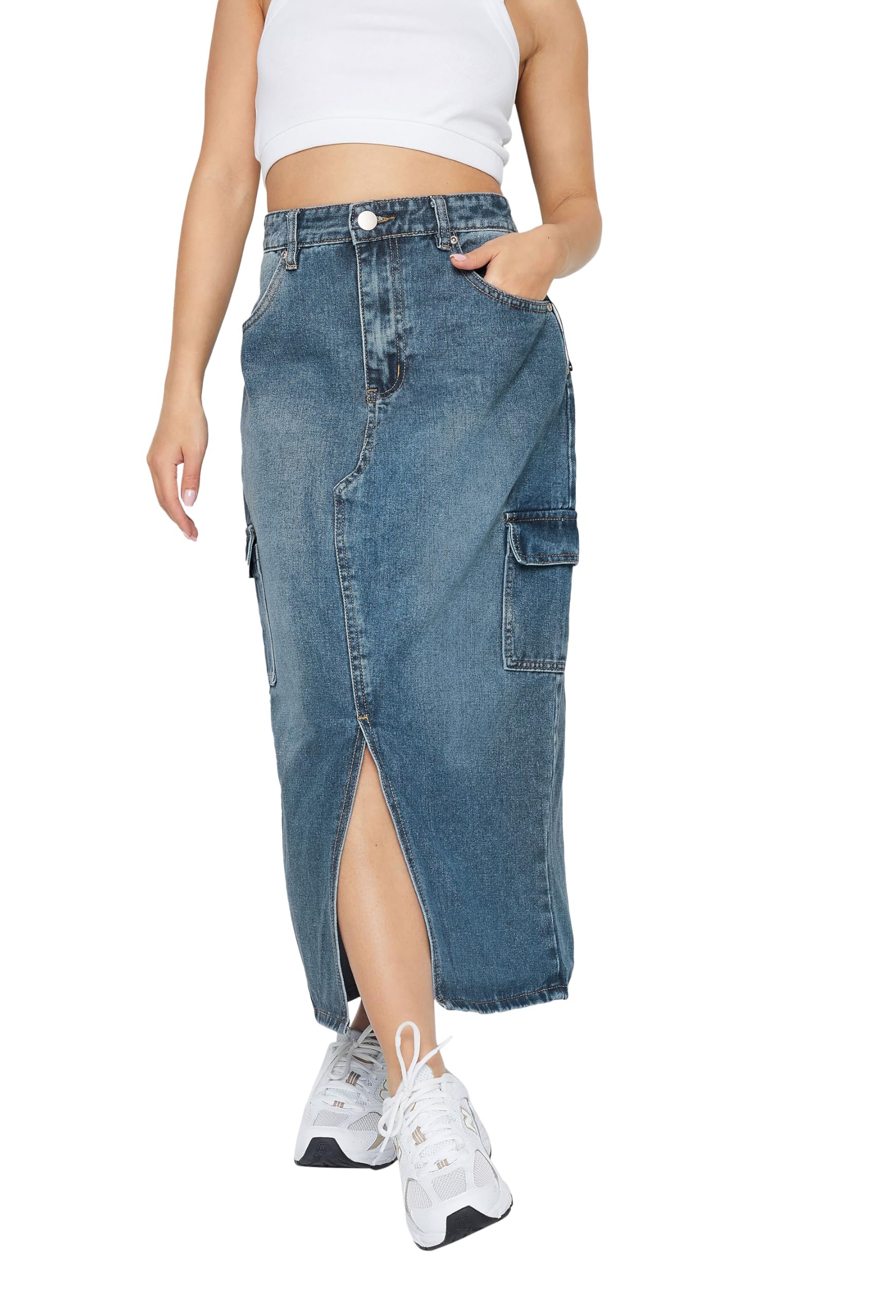 Pixiegirl Women's Green Petite Blue Denim Cargo Midi Skirt Size 8