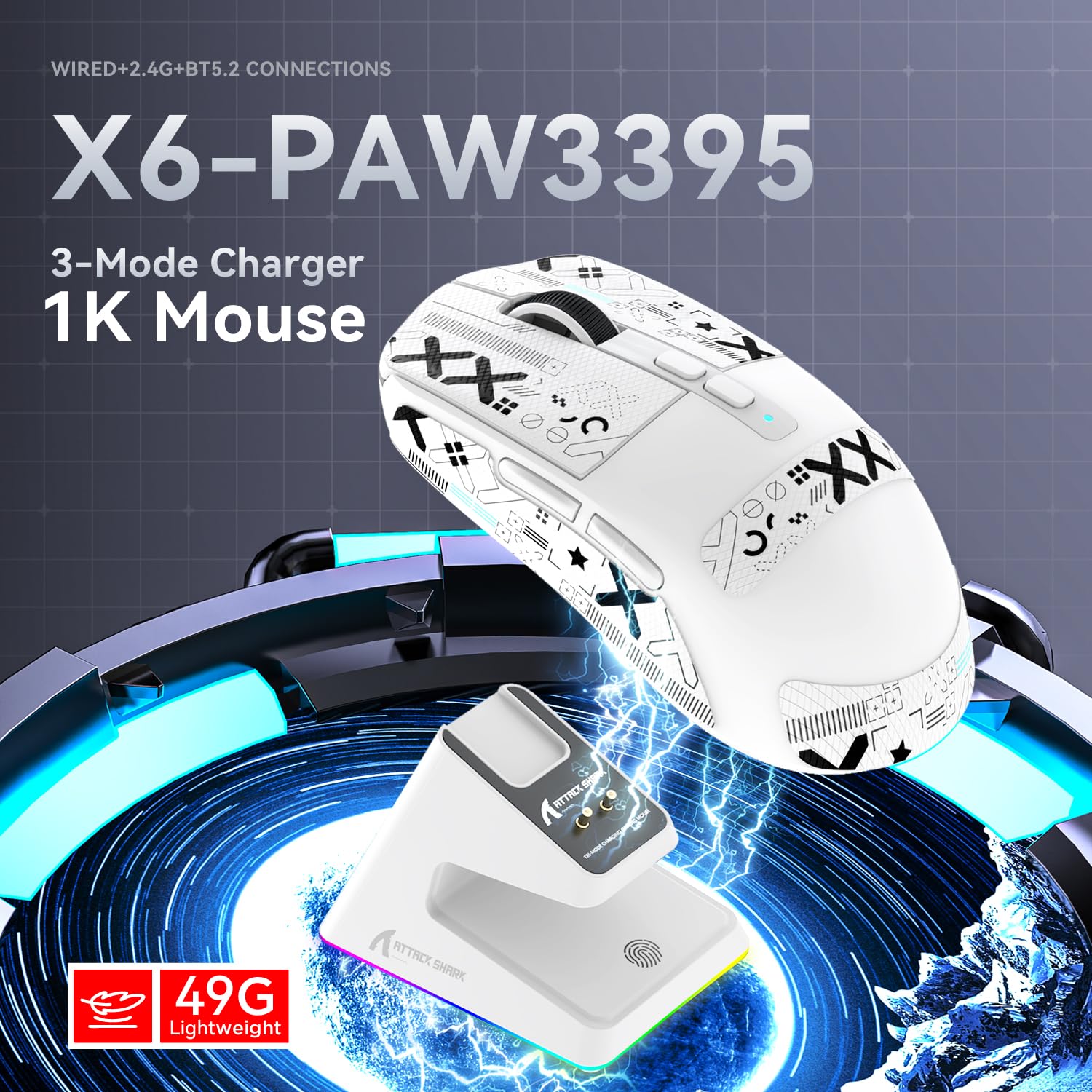 Mysz SUPERLIGHT ATTACK SHARK X6 49 g z magnetyczną stacją ładującą, czujnik do gier PixArt PAW3395, bezprzewodowa/przewodowa mysz do gier BT/2.4G z taśmą, 26000 DPI, myszy z (białe)