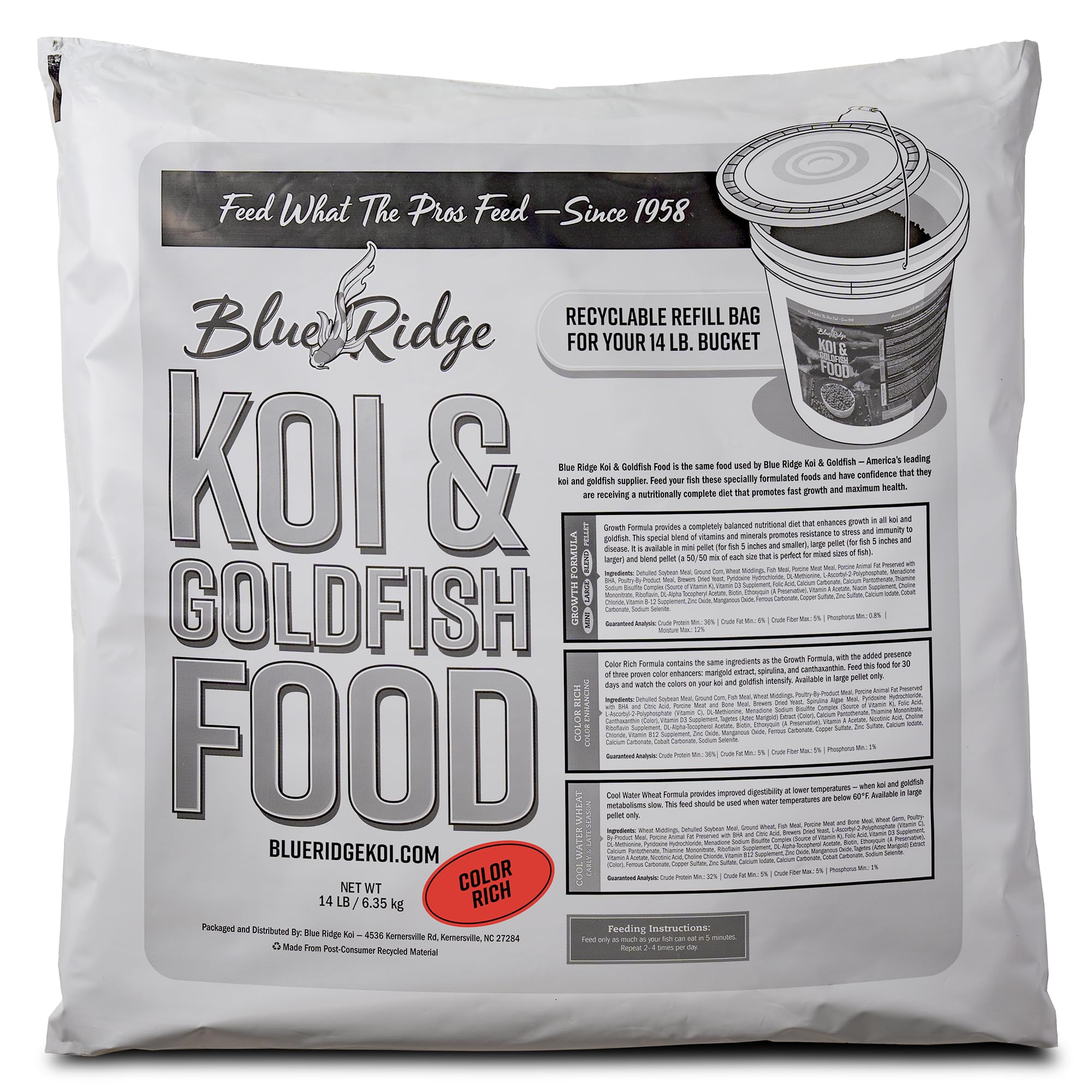 Blue Ridge Koi Fish Food 14lb Bucket Refill - Color Rich Formula Goldfish Food, Ponds Fish Food, Floating Pellets
