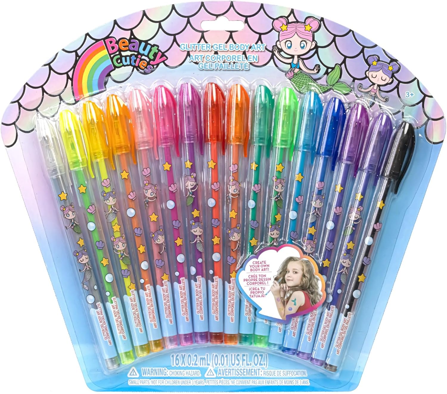 Townley Girl Mermaid 16-piece glitter pen body art set, mermaid theme, shimmering and bright colors, age 3