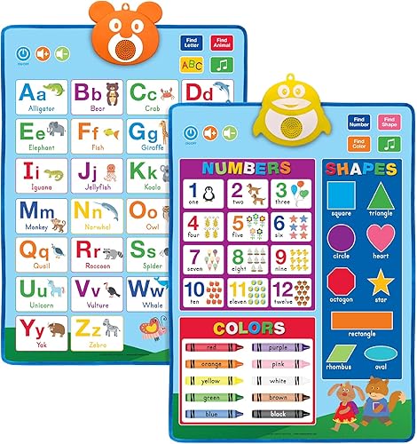 Global Printed Products Carteles educativos electrónicos interactivos de pared para niños niños pequeños aprender ABC colores formas números música