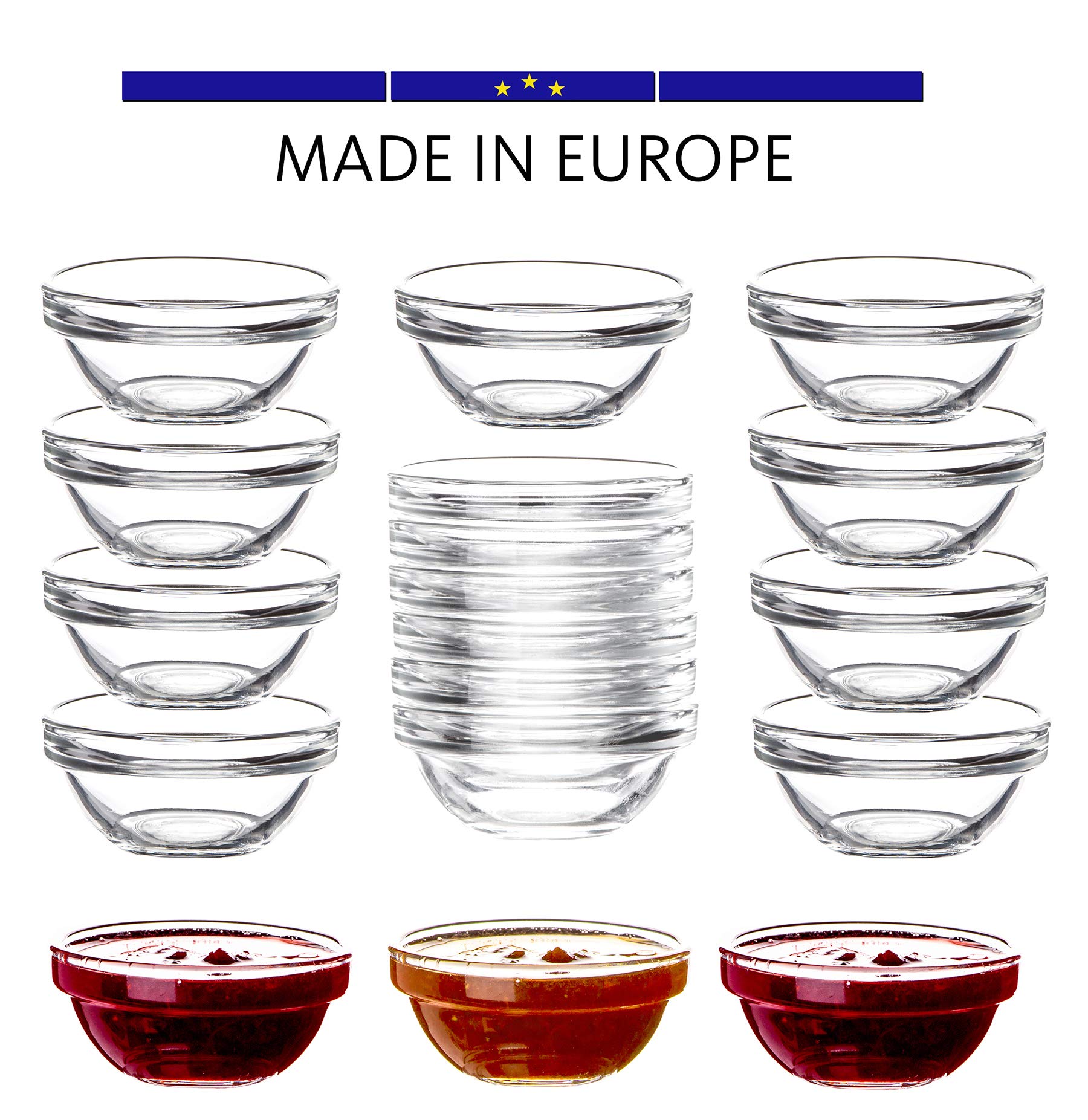 BigDean 18x Dipschalen Ø 6 cm aus gehärtetem Glas 30ml - Für Dip, Marmelade, Konfitüre - Stapelbar - Für Spülmaschine & Mikrowelle - Mini Soßen-Schalen für Tapas, Ketchup & Buffet