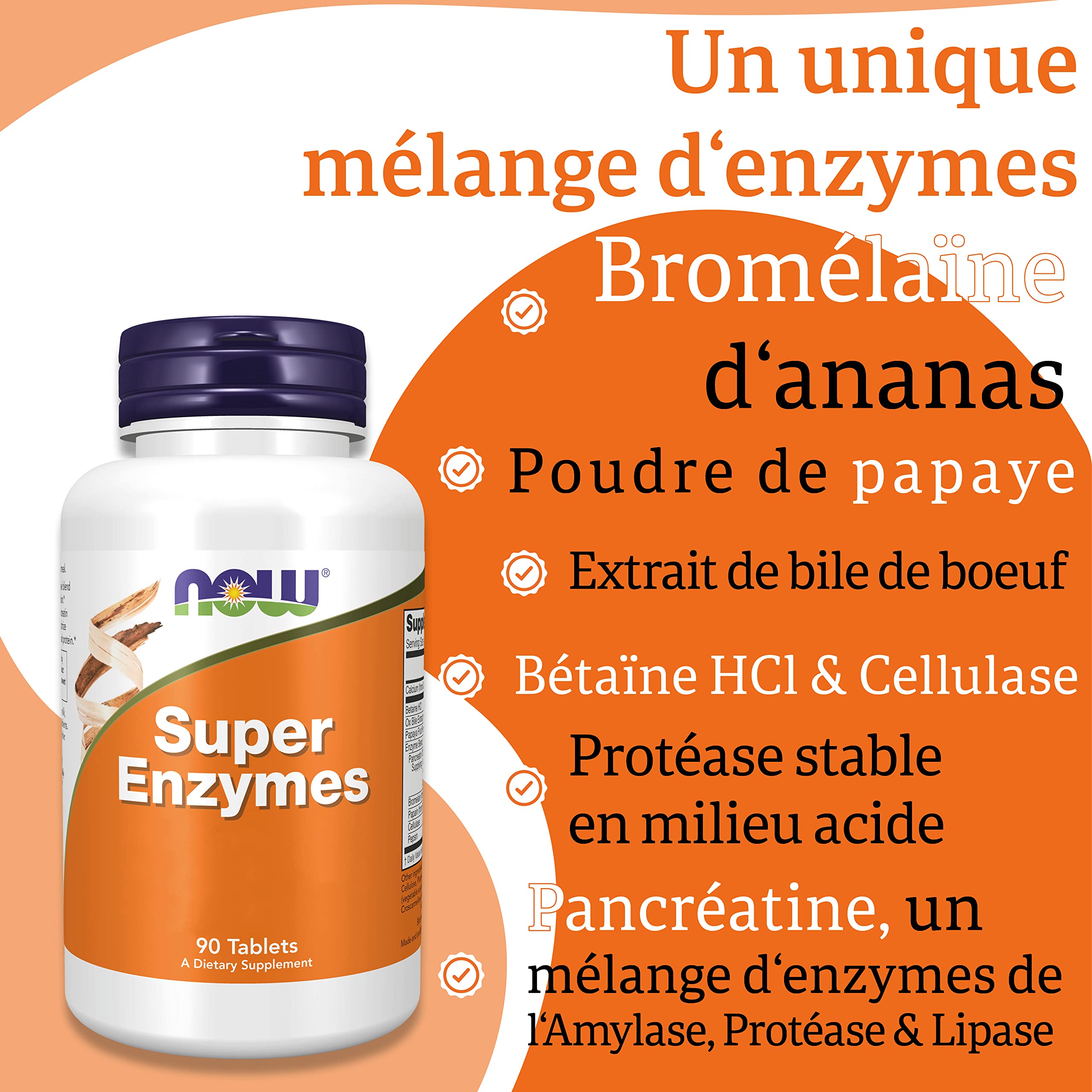 Now Foods, Super Enzyme, 90 Comprimés, Testé en Laboratoire, Dose Élevée, Calcium, Sans Gluten, Sans Soja, Sans OGM