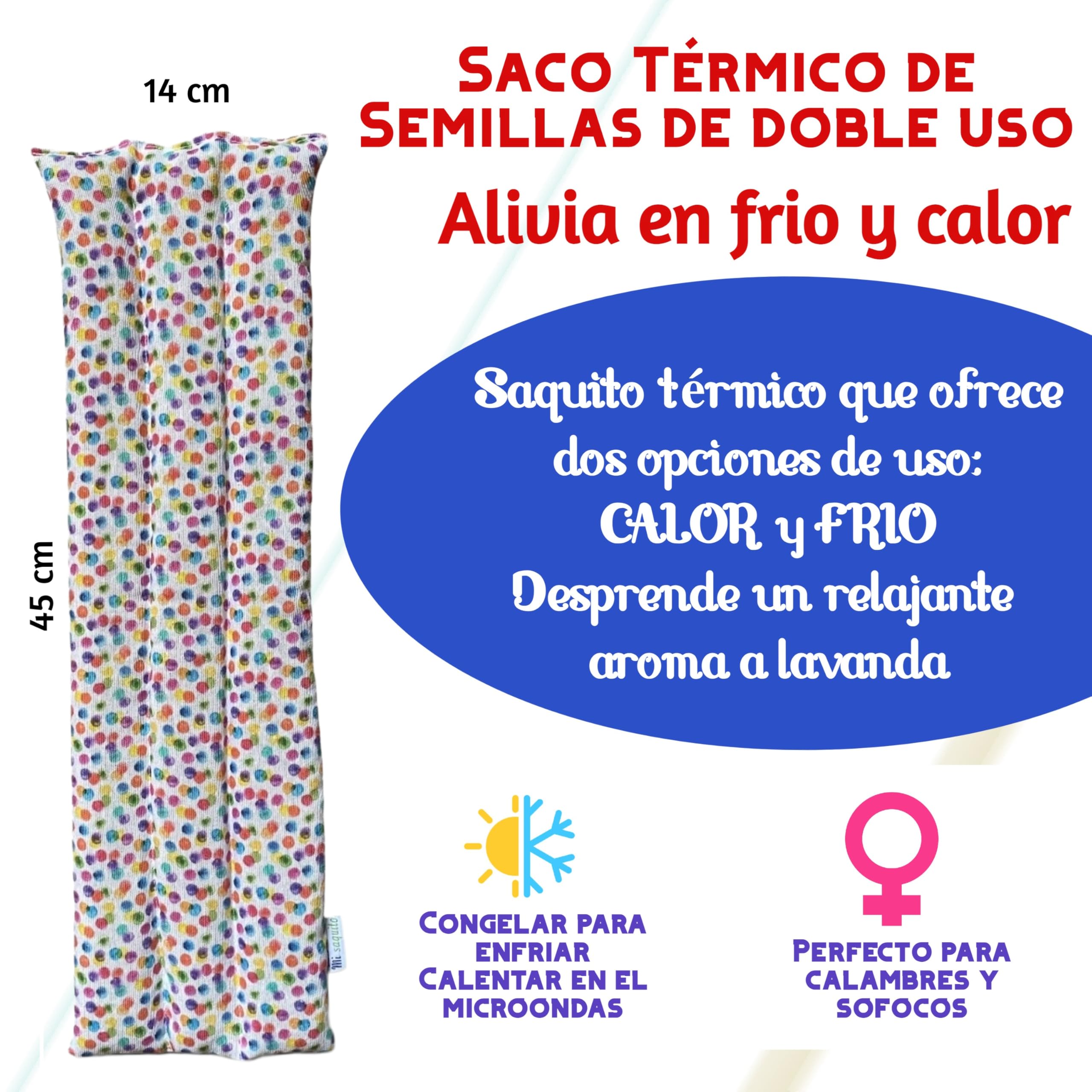 Saco de Semillas Termico 45x14 cm –Saquito Térmico Cervical con Lavanda– Bolsa Térmica de Calor y Frío – Saquito de semillas para Cuello/Espalda -Almohadilla Alivio Dolor Menstrual (PUNTOS)