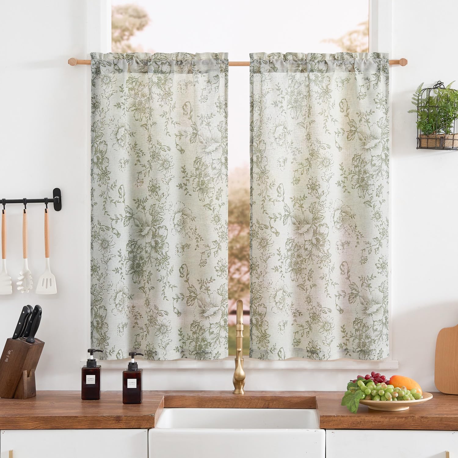 TOPICK Kitchen Curtains 45 Inch Drop, Green Floral Short Cafe Curtains for Small Window, Linen Look Light Filtering Curtain Tiers for Cupboard Base, Sink, Basement, Bistro, W26 x L45 Inch