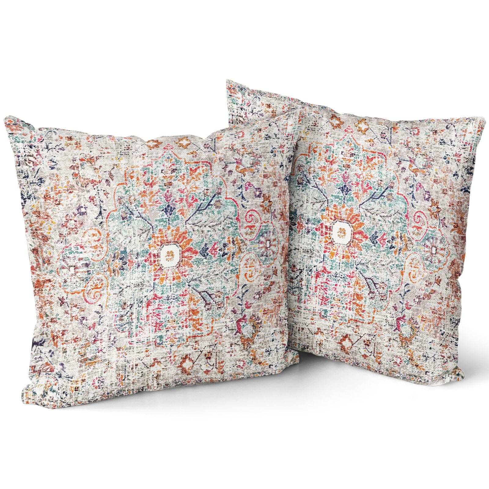 Orange Teal Pink Vintage Bohemian Pillow Covers 24x24 Inch Gray Beige Boho Flower Rug Print Oriental Carpet Pillow Cases Set of 2 Antique Tapestry Rustic Retro Throw Pillows For Cushion Couch Outdoor — image 1