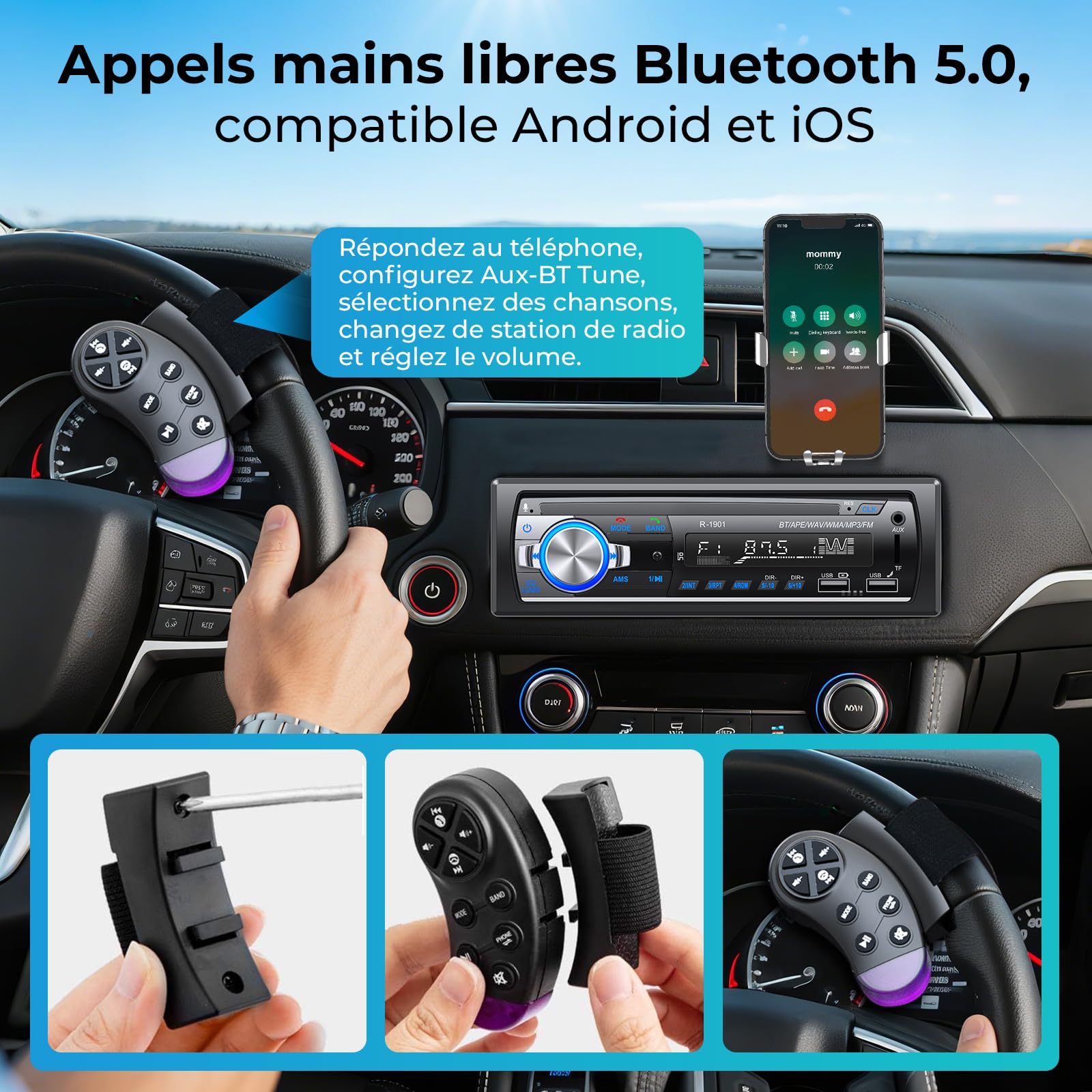 RDS Autoradio Bluetooth, CENXINY Poste Radio Voiture Bluetooth, FM Autoradio1 DIN,2USB,Charge 2.1A, Aux-in,Micro SD Soutien iOS, Android