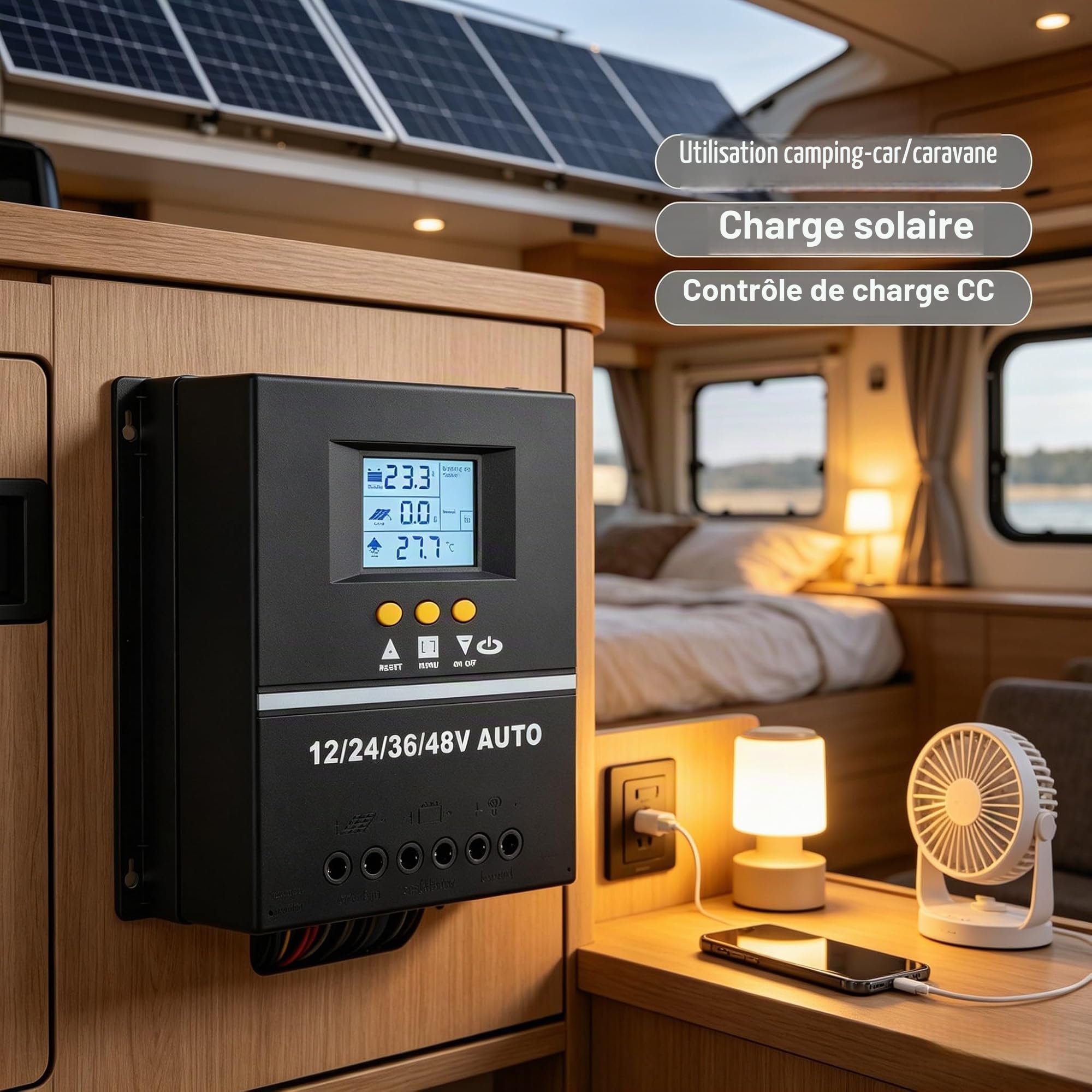 MPPT Régulateur de charge solaire 150A Écran LCD Contrôleur de charge professionnel LCD avec double port USB pour système de reconnaissance automatique de panneau solaire 12V-48V