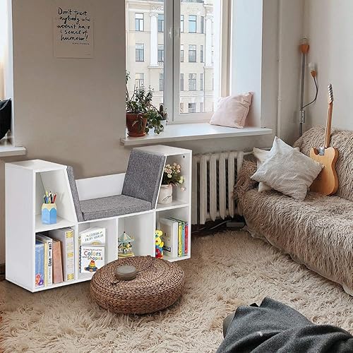Miniatura 10 de HONEY JOY Organizador de rincón de lectura con cojín de asiento, estantería para niños con rincón de lectura, estante de almacenamiento de esquina